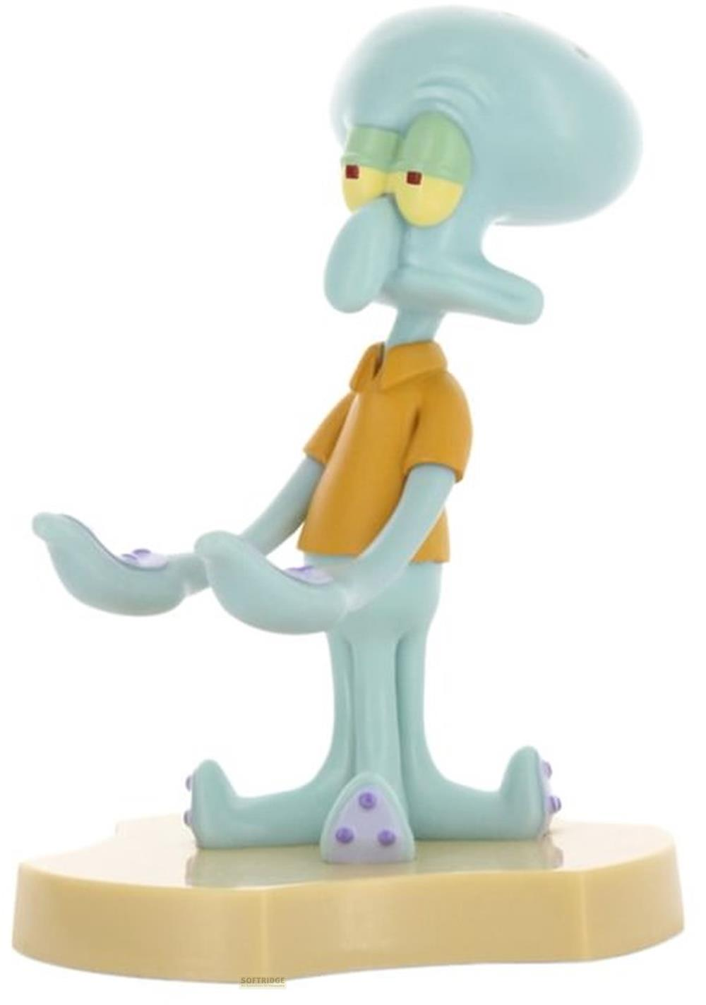 Eine hellblaue Figur von Squidward Tentakel mit gelben Augen trägt ein oranges Hemd.