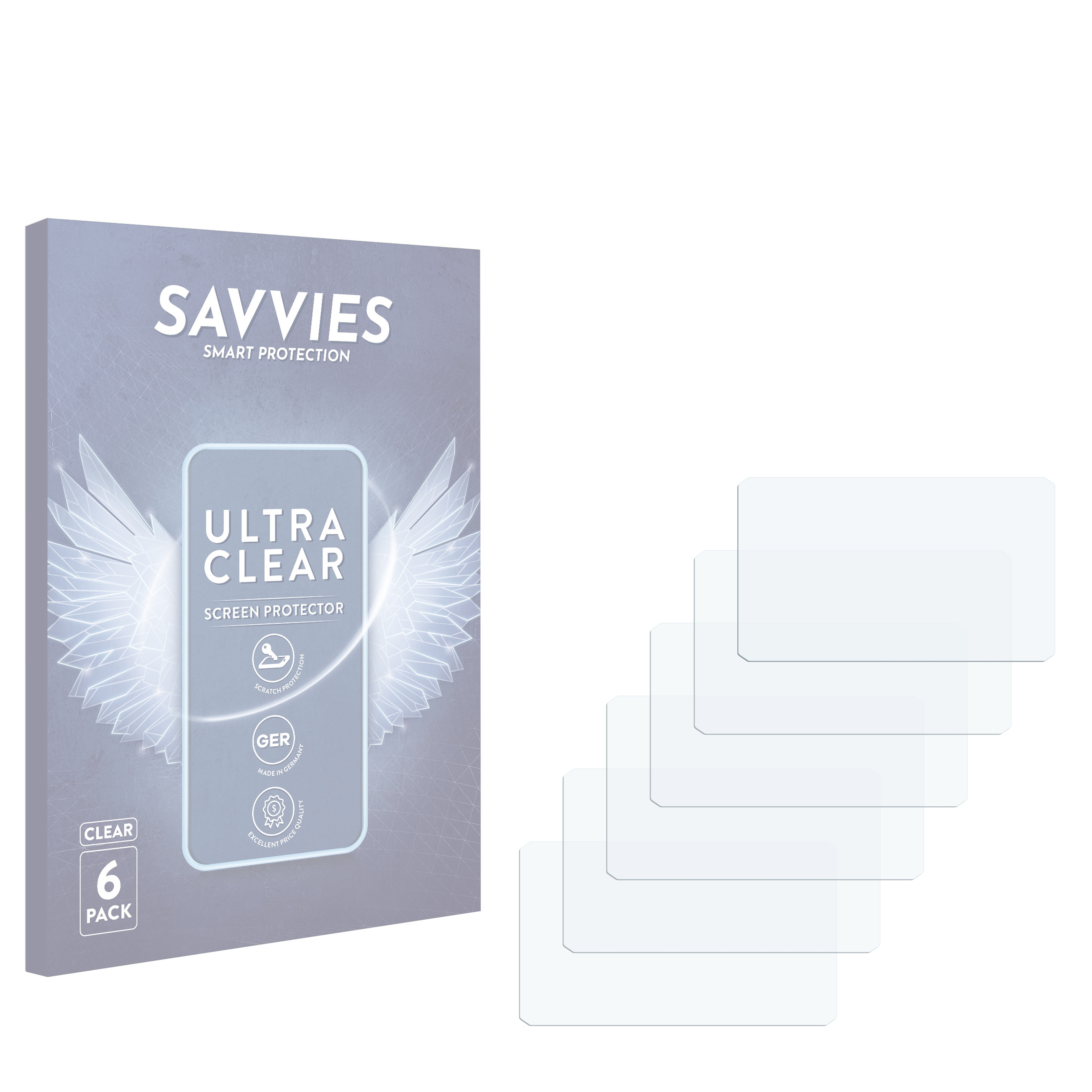 Verpackung für "Savvies Ultra Clear Screen Protector" mit 6 Stück und einzeln liegenden Schutzfolien.