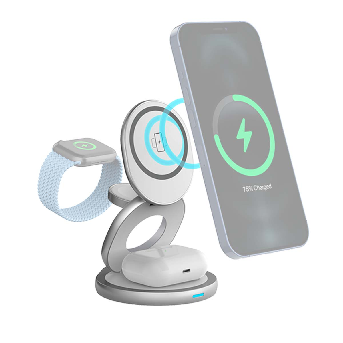 Un teléfono, reloj inteligente y audífonos en un soporte de carga.
