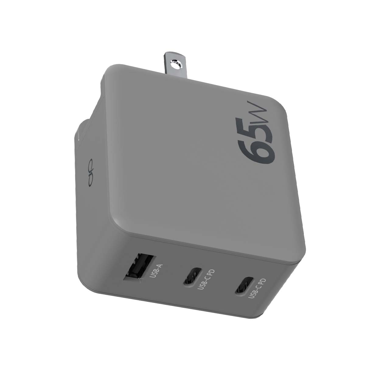 Caricatore grigio 65W USB-C PD con una porta USB-A e due USB-C.