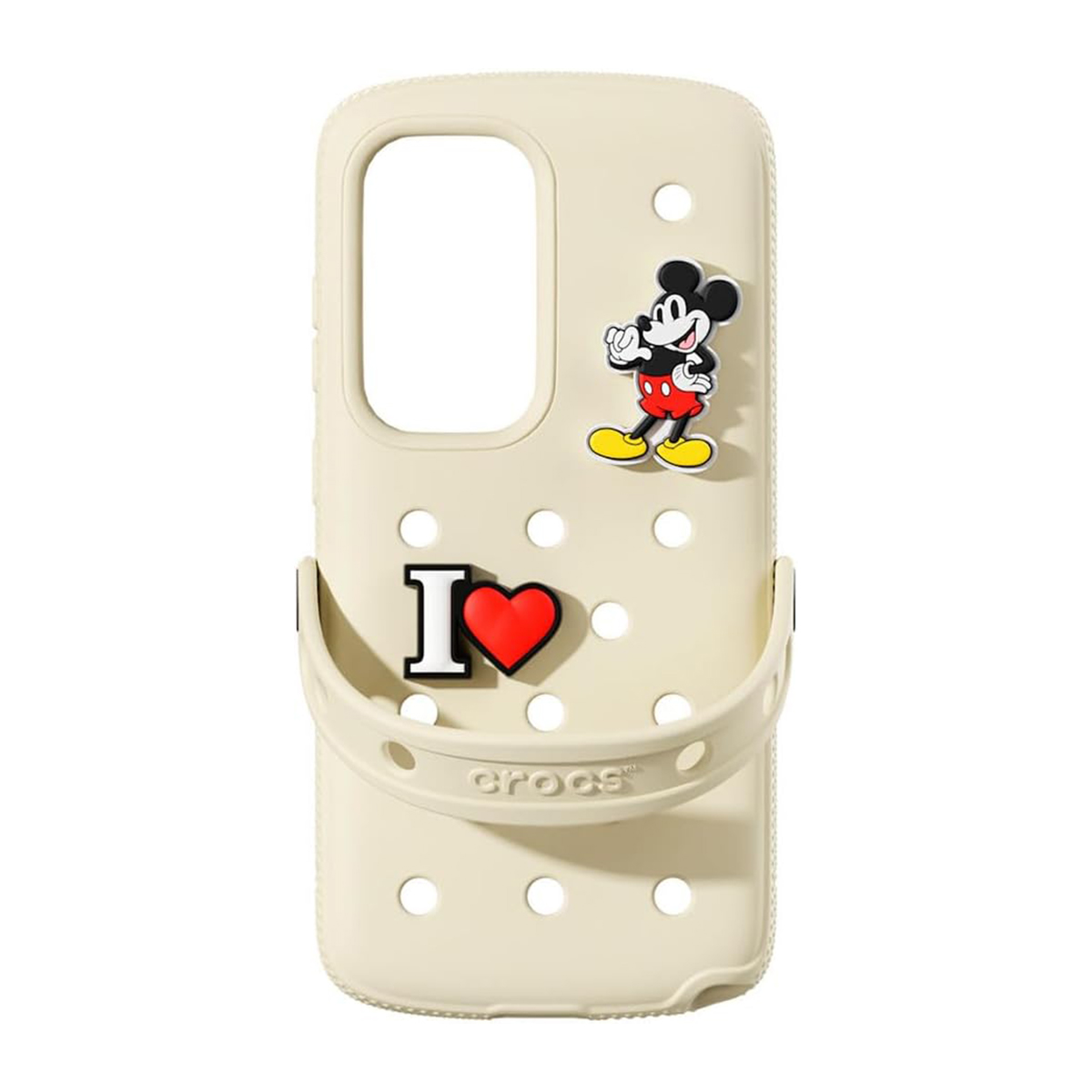 Scarpa Crocs color crema con ciondolo di Topolino e scritta "I ❤️ Crocs".