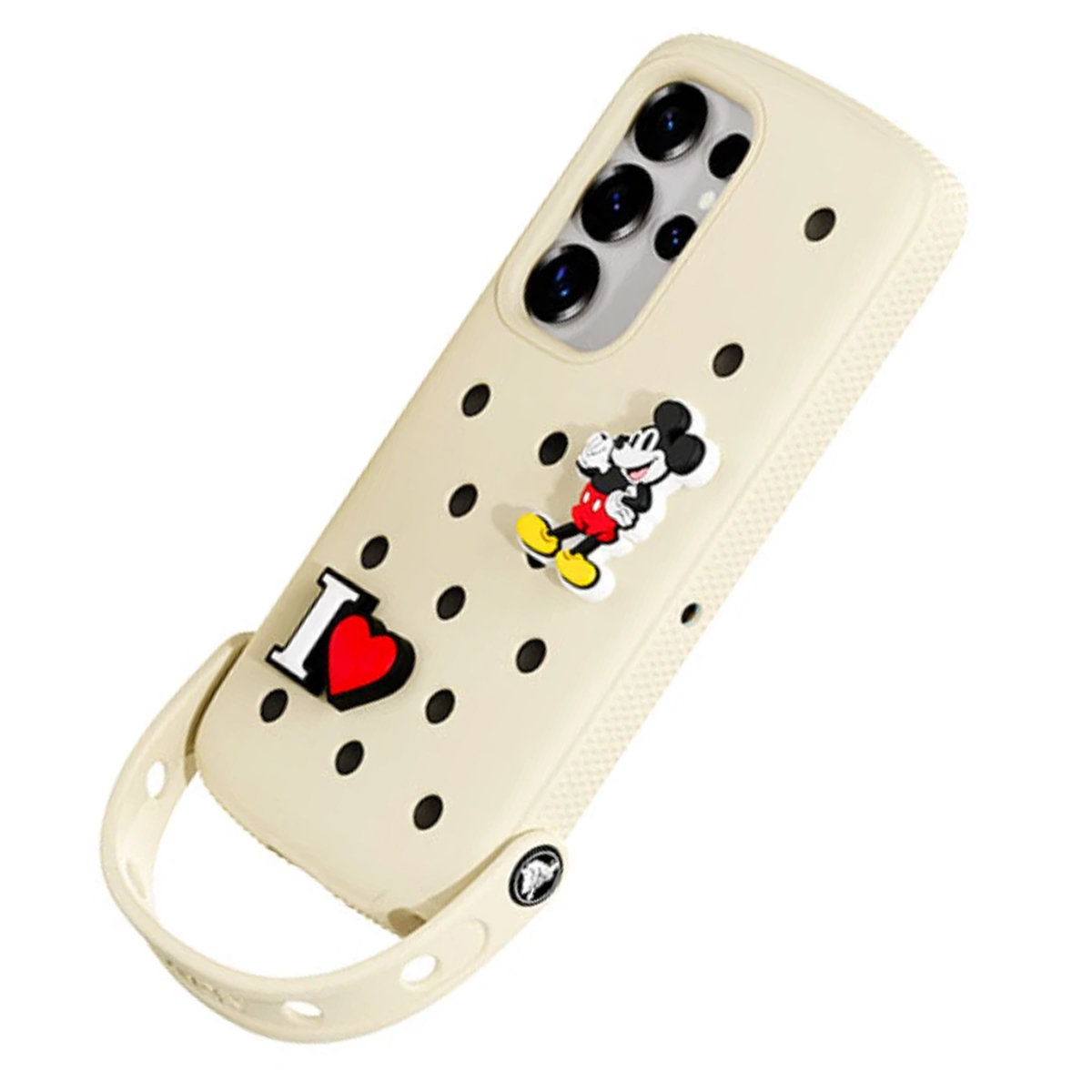 Una custodia per telefono beige chiaro con Topolino e un cuore.