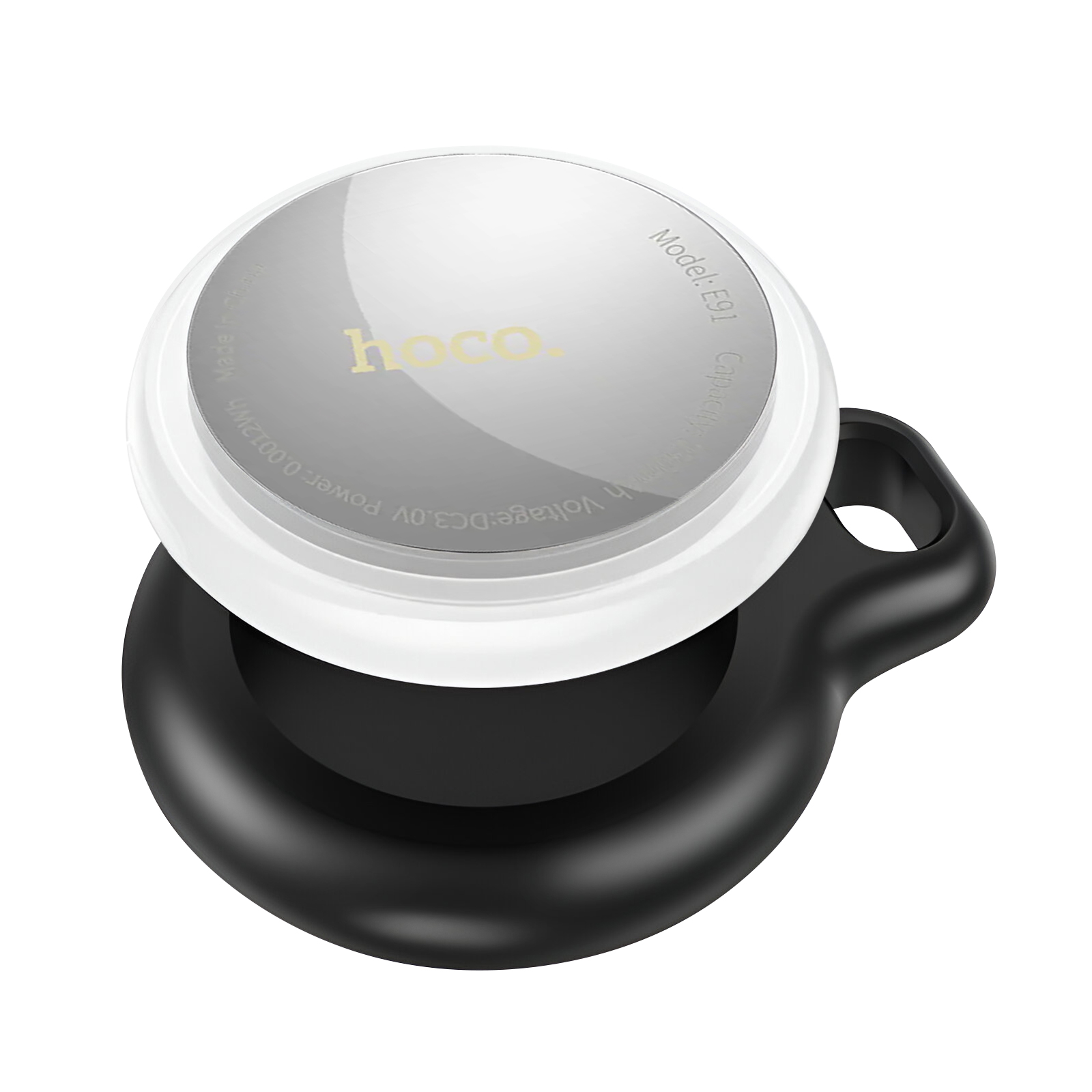 Un oggetto rotondo bianco con logo 'hoco' e anello nero.
