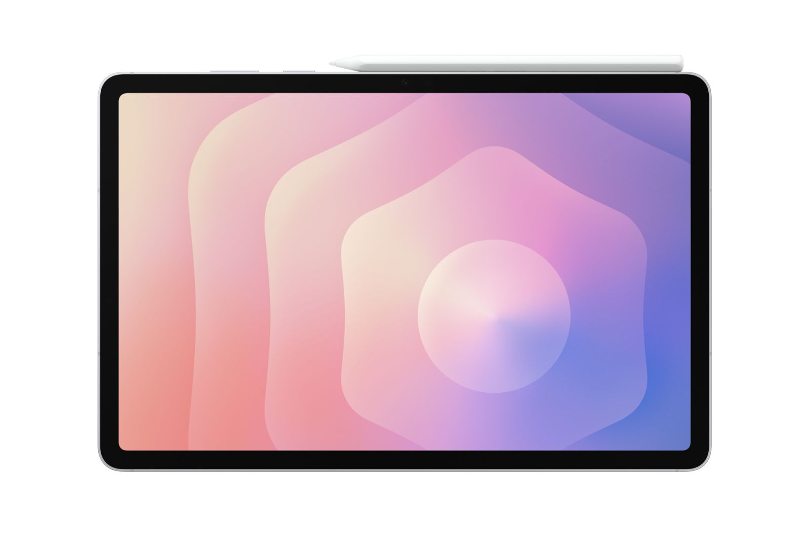 Tablet z rysikiem na górze na kolorowym, abstrakcyjnym tle.