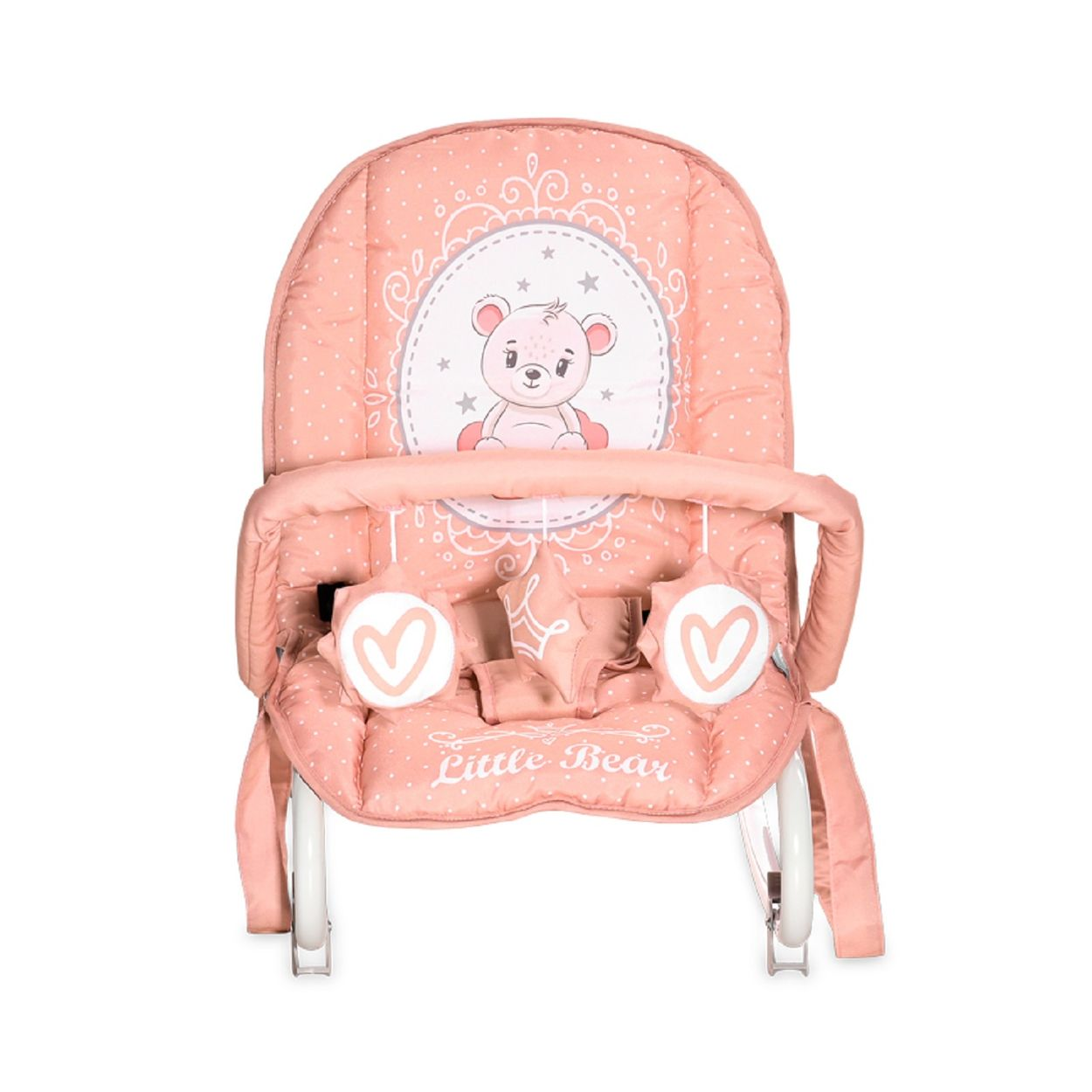 Una mecedora rosa para bebés con diseño de osito y texto "Little Bear".