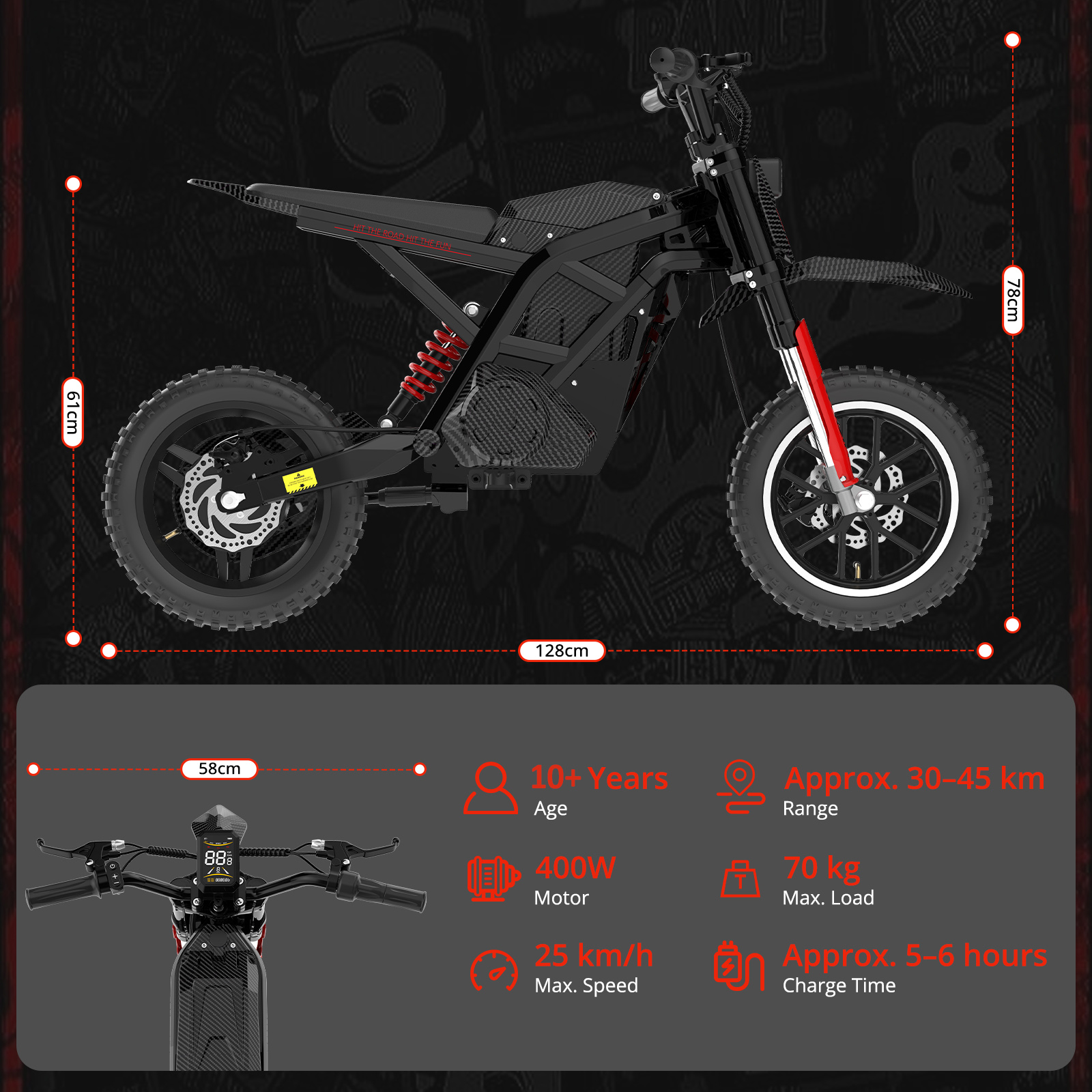 Zwarte elektrische scooter met rode accenten en technische specificaties.