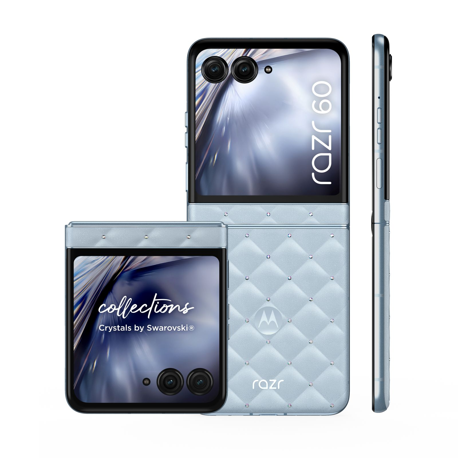Jasnoniebieski telefon Motorola Razr typu flip, otwarty i zamknięty. Pikowanie w romby i kryształki.