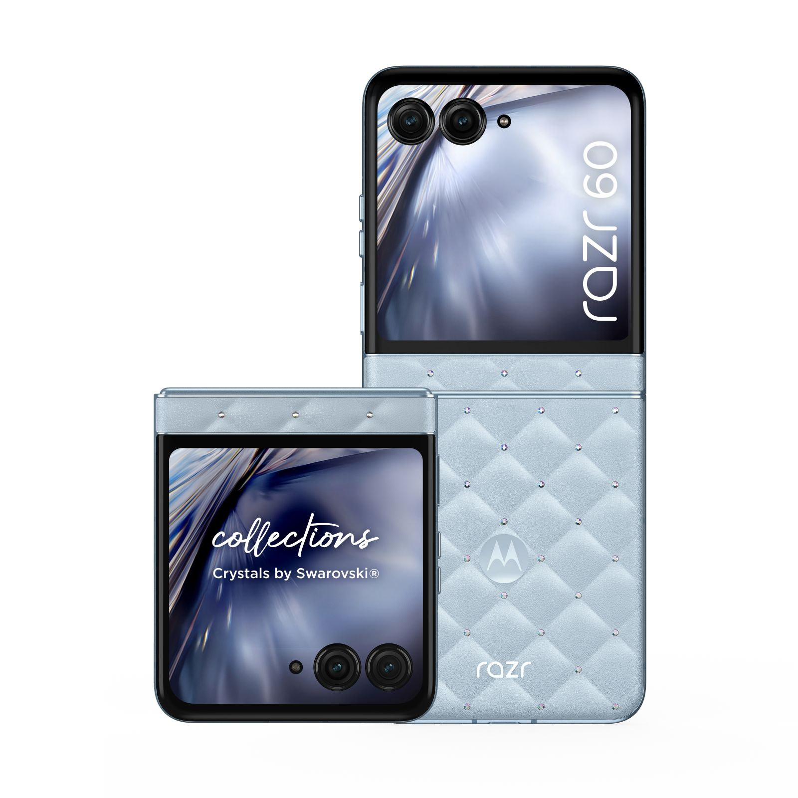 Jasnoniebieski telefon składany z kryształkami i dwoma aparatami.