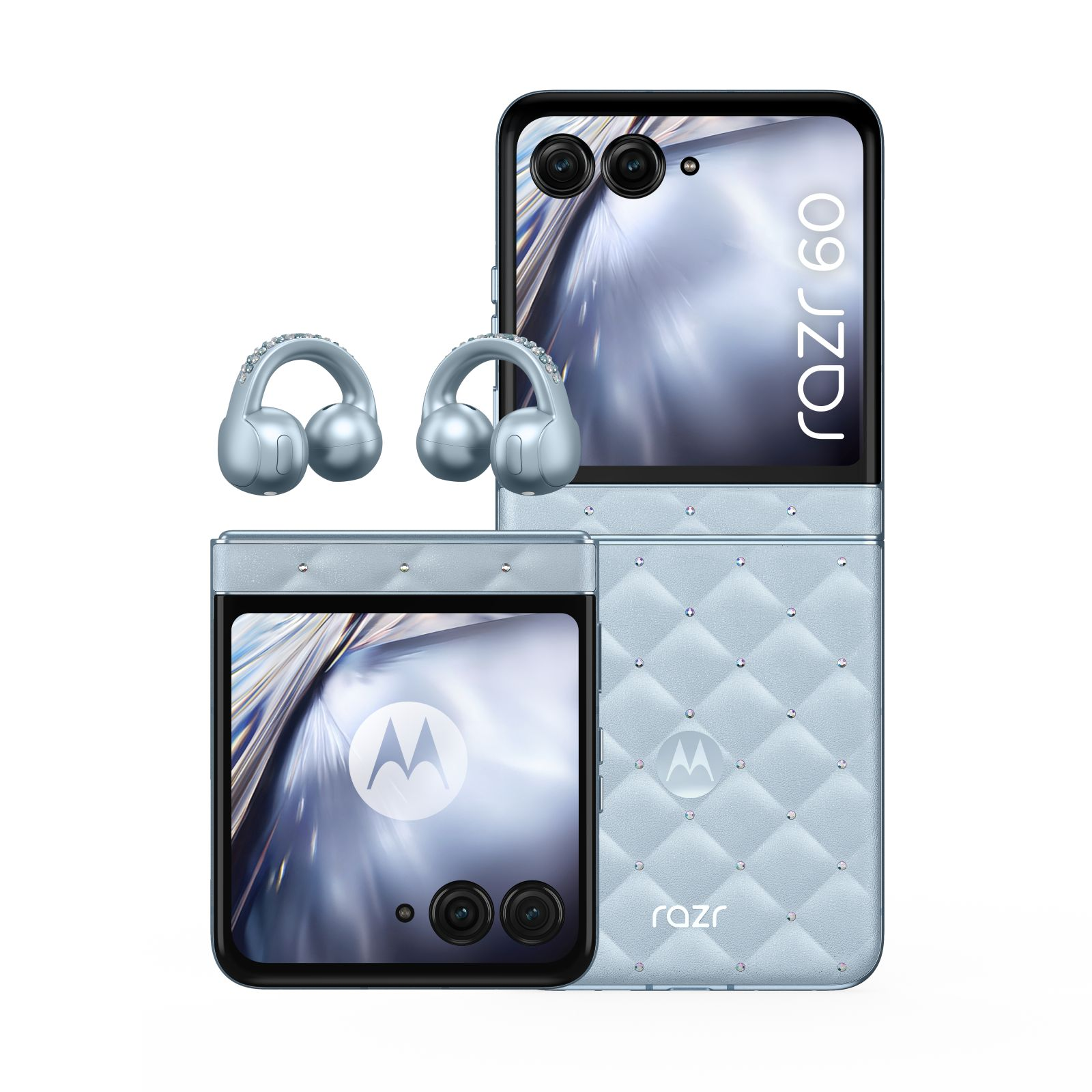 Jasnoniebieski telefon składany z podwójnym aparatem i słuchawkami bezprzewodowymi, ozdobiony cyrkoniami.