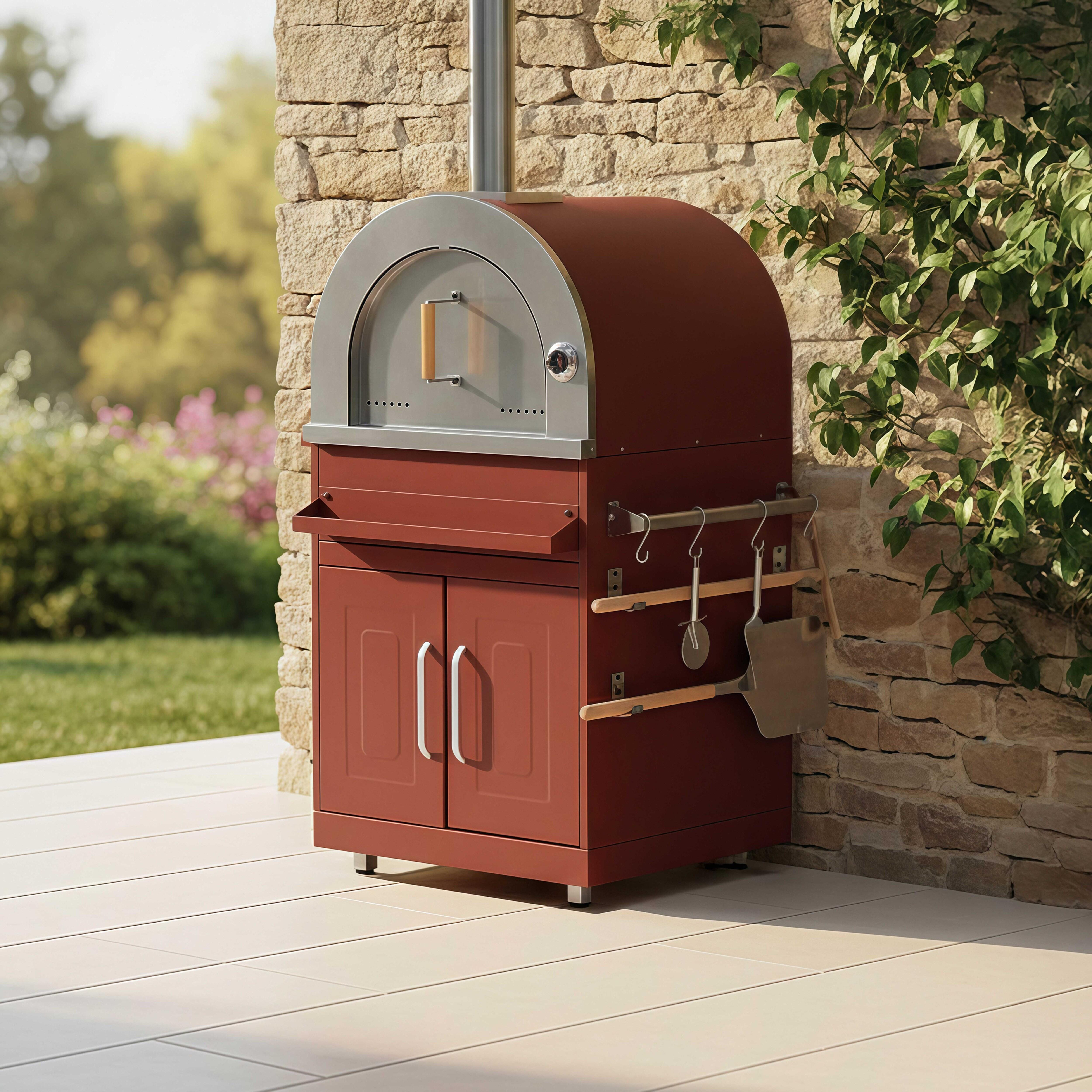 Ein roter Pizzaofen mit Edelstahlkappe und Holzgriff steht auf einer Terrasse.