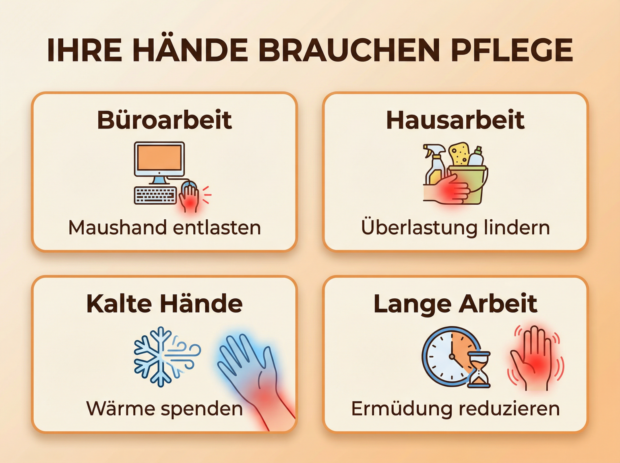 Hände brauchen Pflege: Büro, Haushalt, Kälte, lange Arbeit. Tipps für Entlastung.