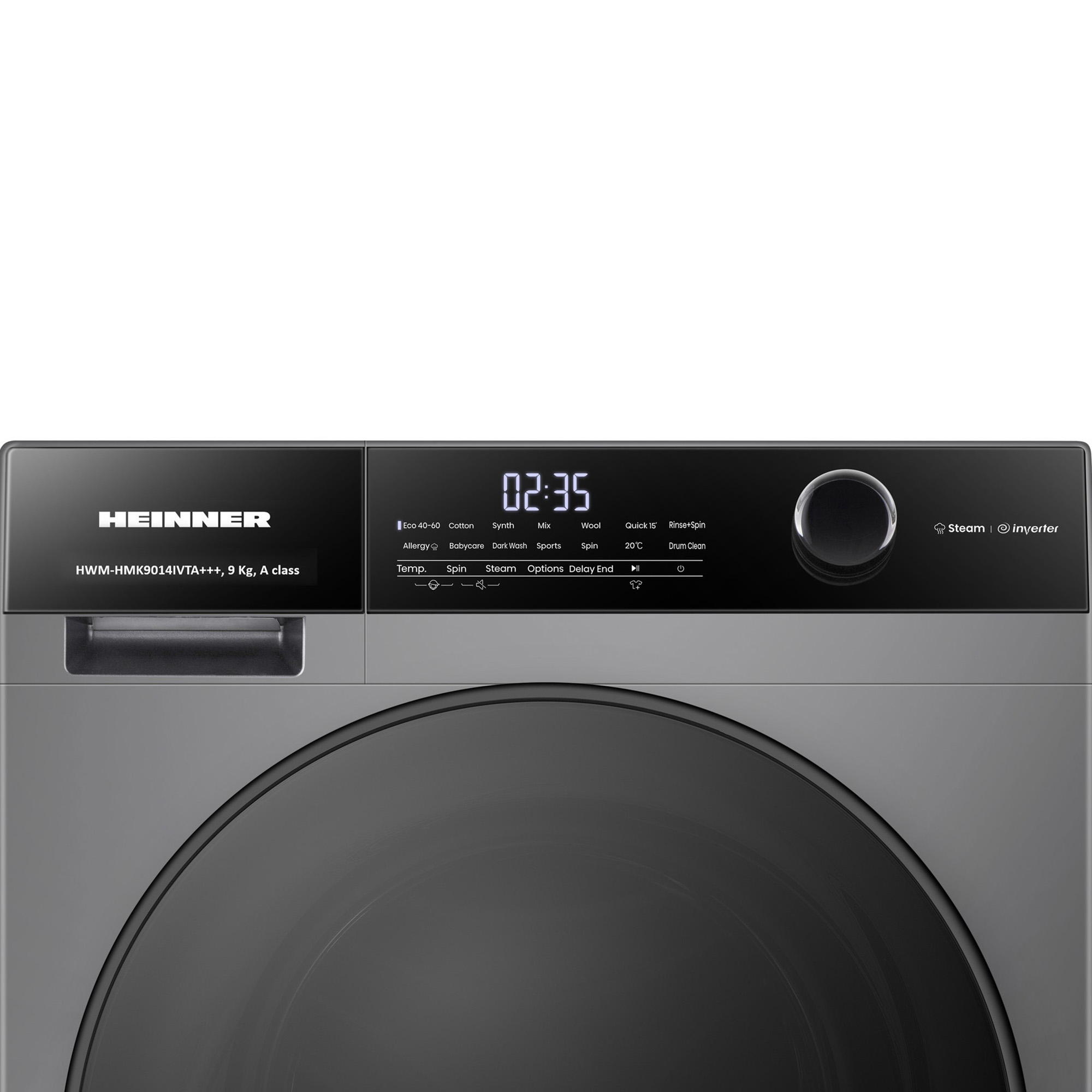 Graue Waschmaschine mit schwarzem Bedienfeld und digitaler Anzeige.