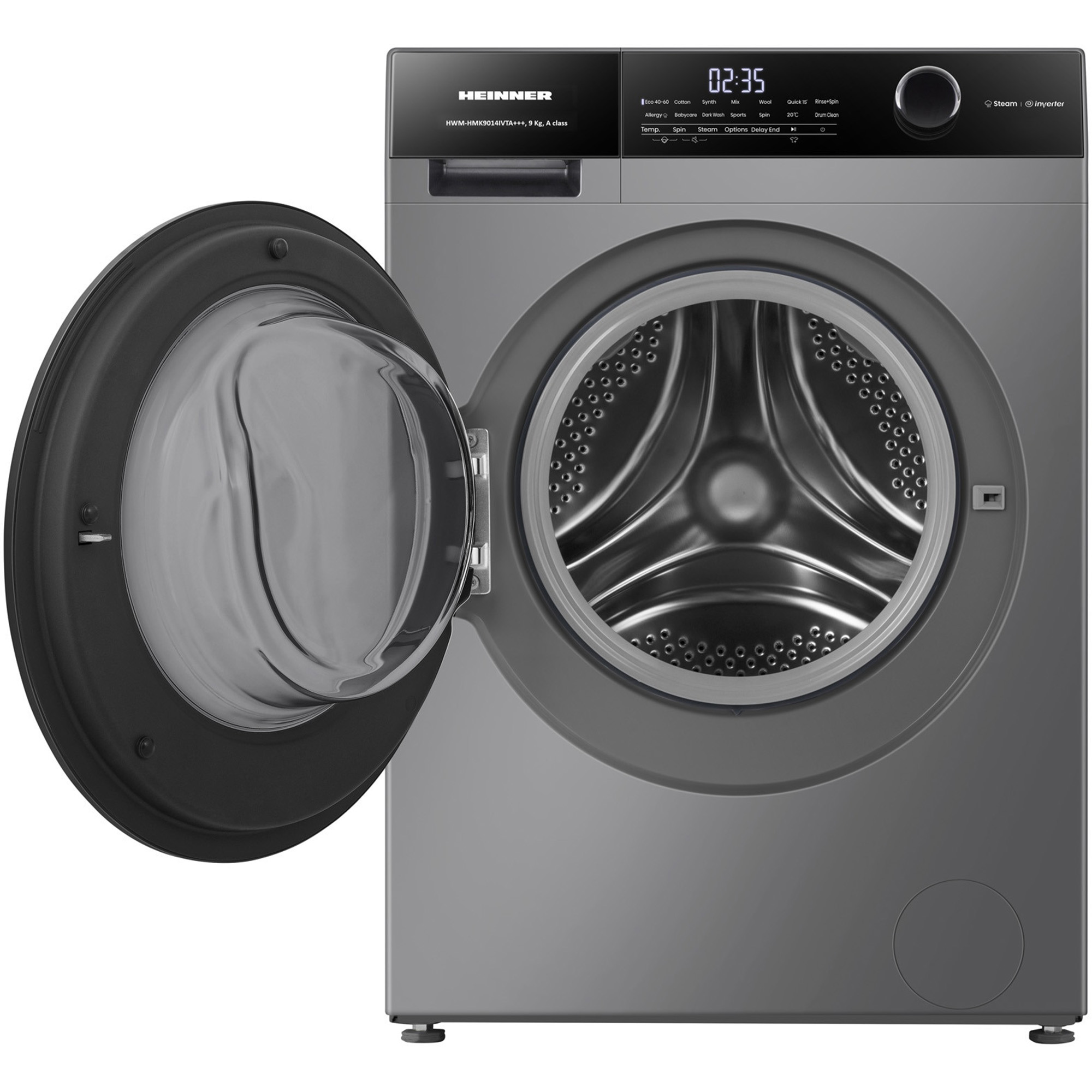 Eine graue Waschmaschine mit geöffneter Tür und sichtbarer Trommel.