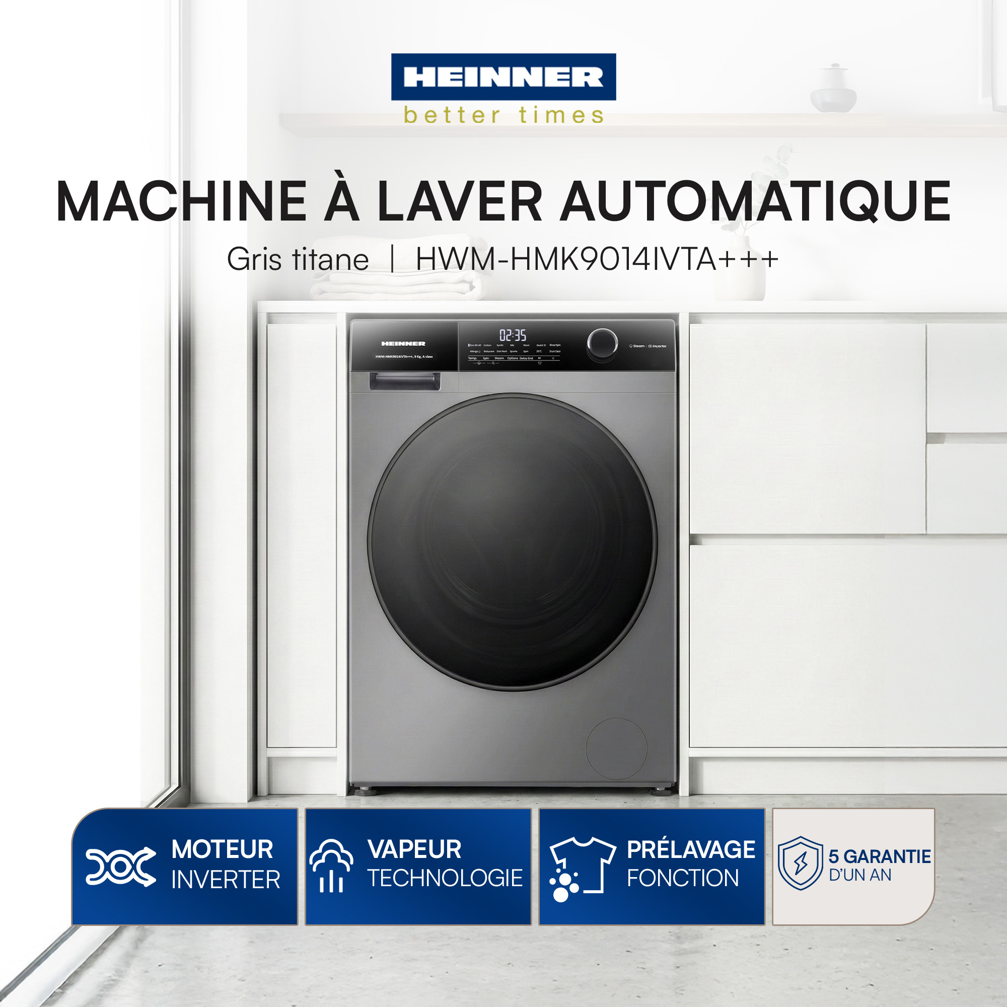 Graue Waschmaschine mit digitaler Anzeige. Merkmale: Motor, Dampf, Vorwäsche.