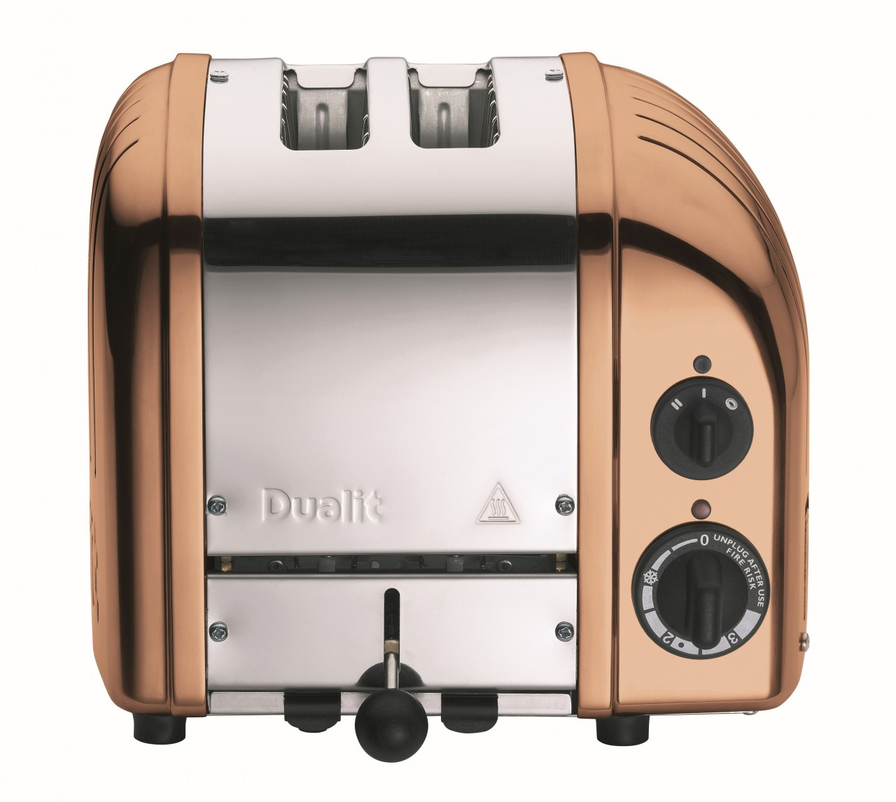 Ein kupferfarbener Toaster mit Chromdetails und zwei Schlitzen.