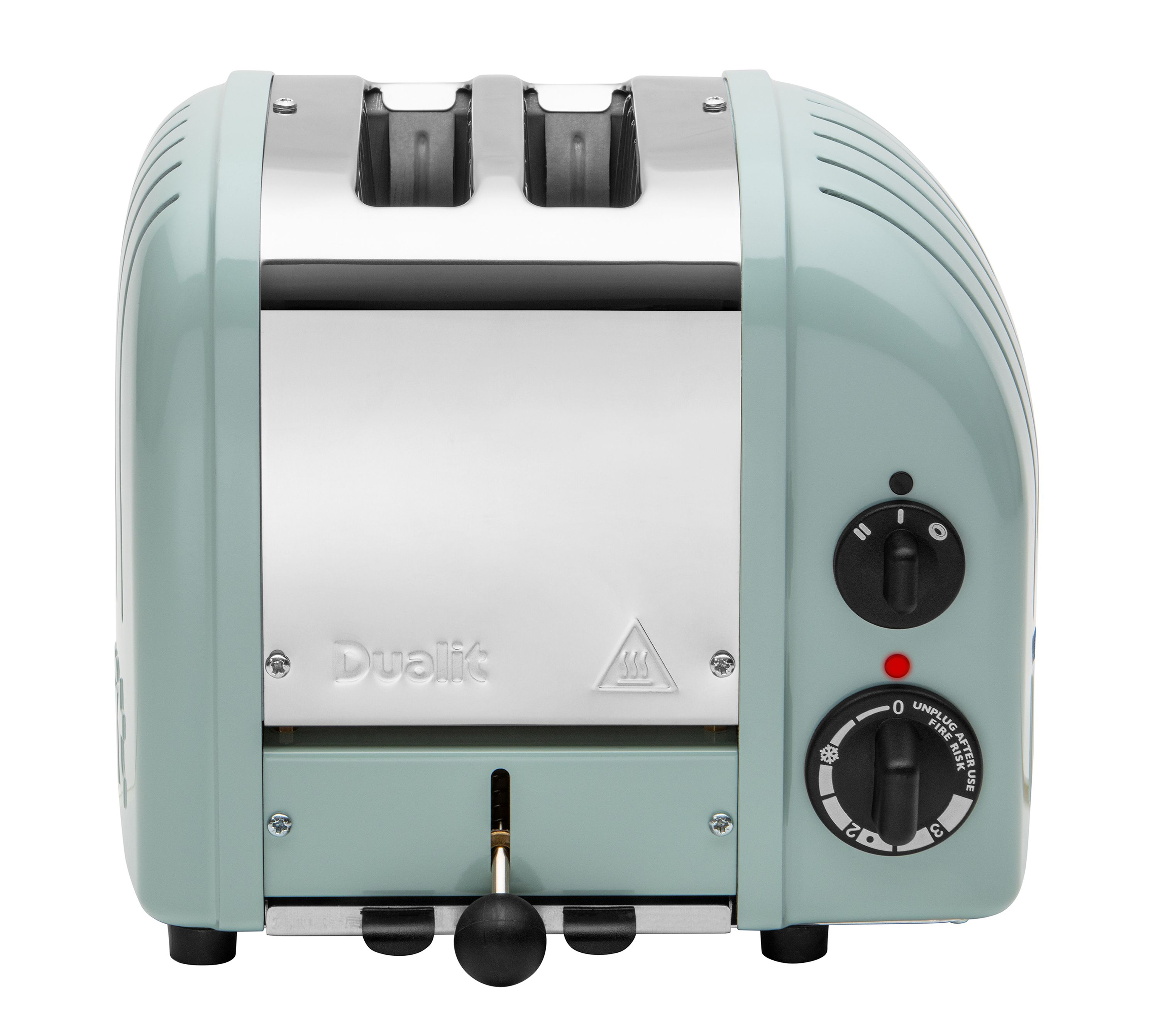 Ein hellgrüner Toaster mit zwei Schlitzen und silberner Front.