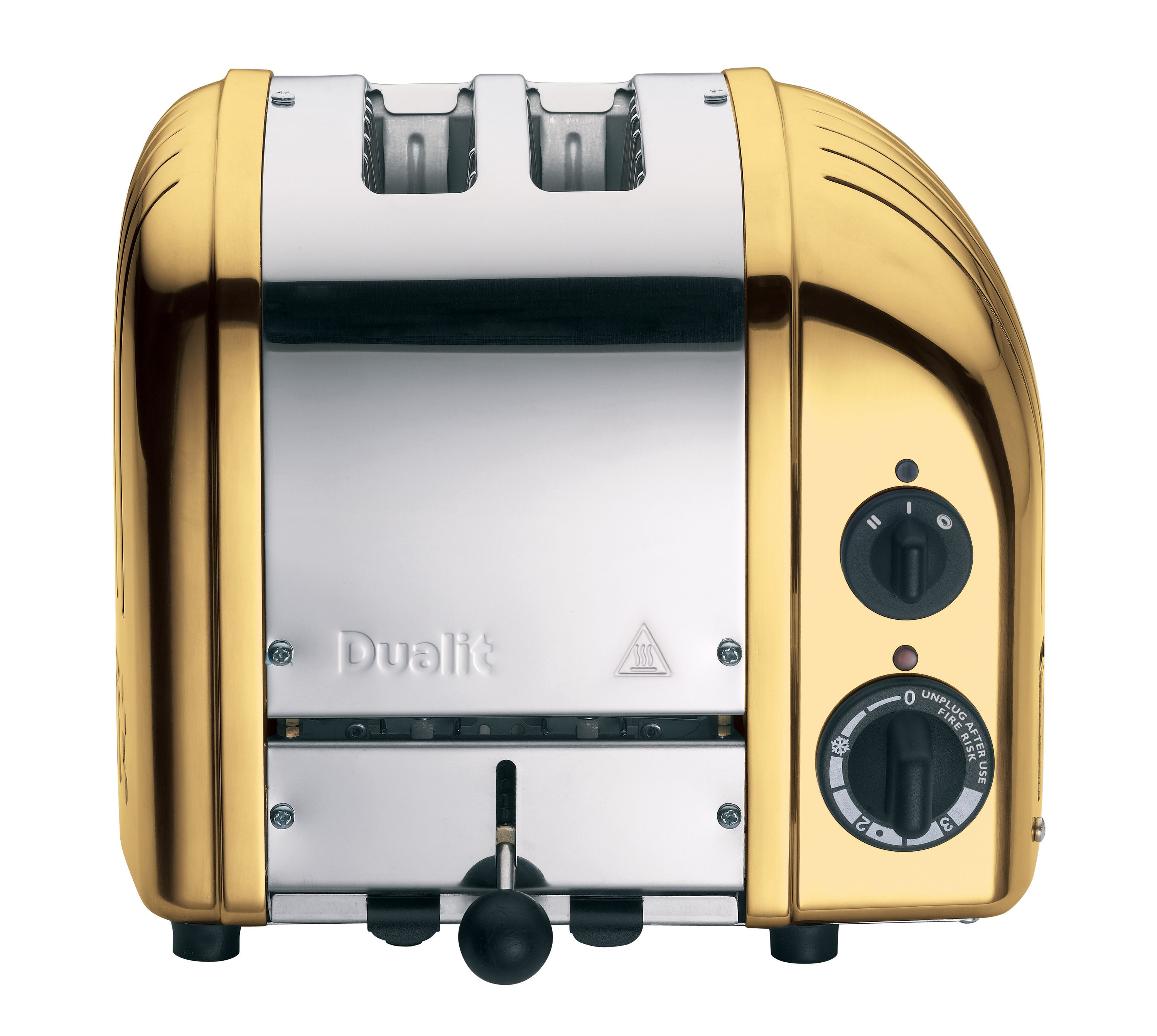 Ein goldener Toaster mit Chromdetails und zwei Schlitzen.