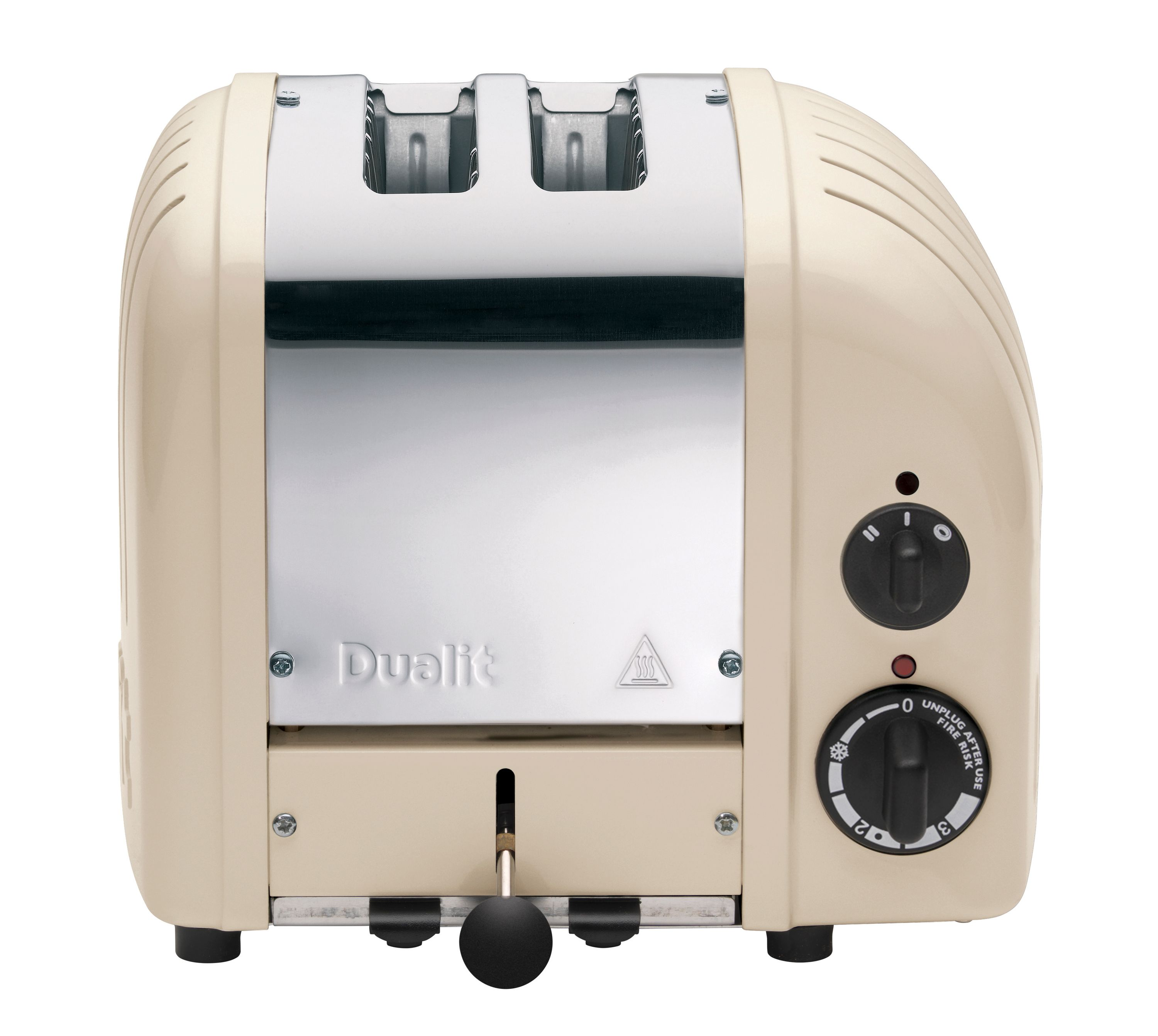 Ein cremefarbener Toaster mit Chromdetails und Bedienelementen.