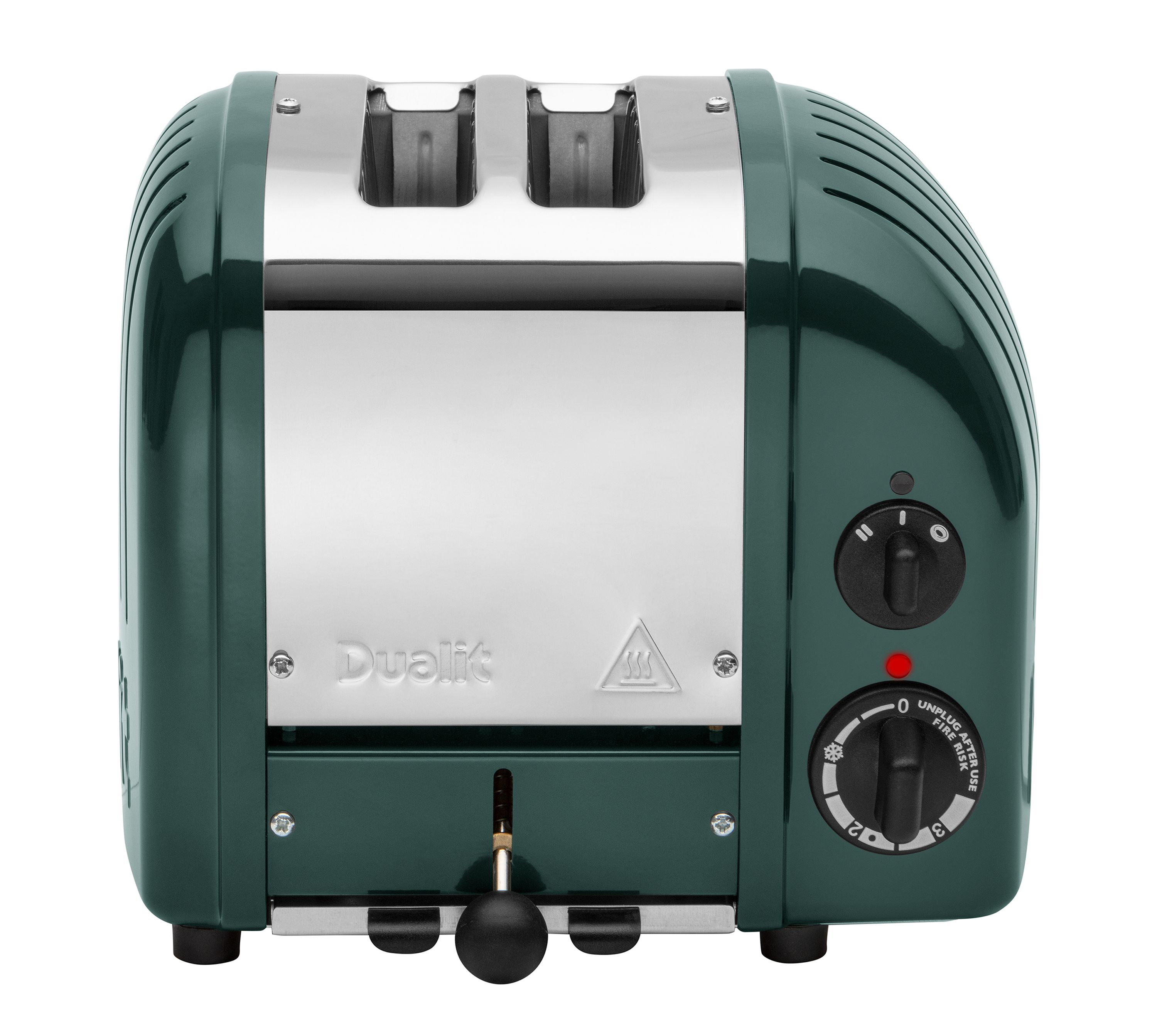 Dunkelgrüner Toaster mit Chromakzenten, zwei Schlitzen und Bedienelementen.