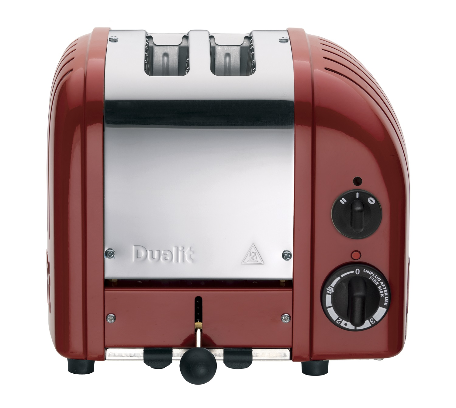 Ein roter Toaster mit Chromdetails und schwarzen Bedienelementen.