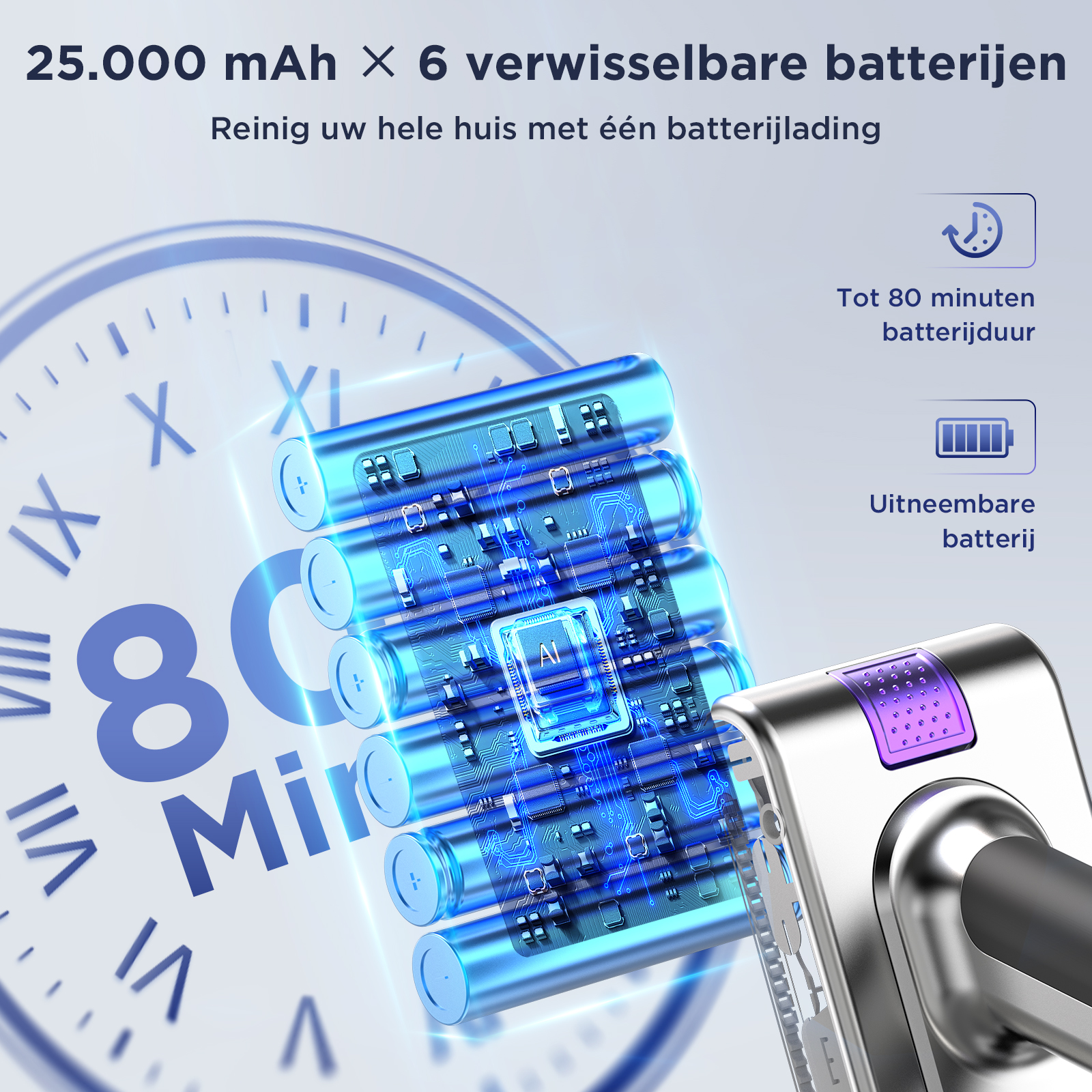 Gloeiende blauwe batterijen met circuits en een zilveren handvat. Klok op achtergrond.