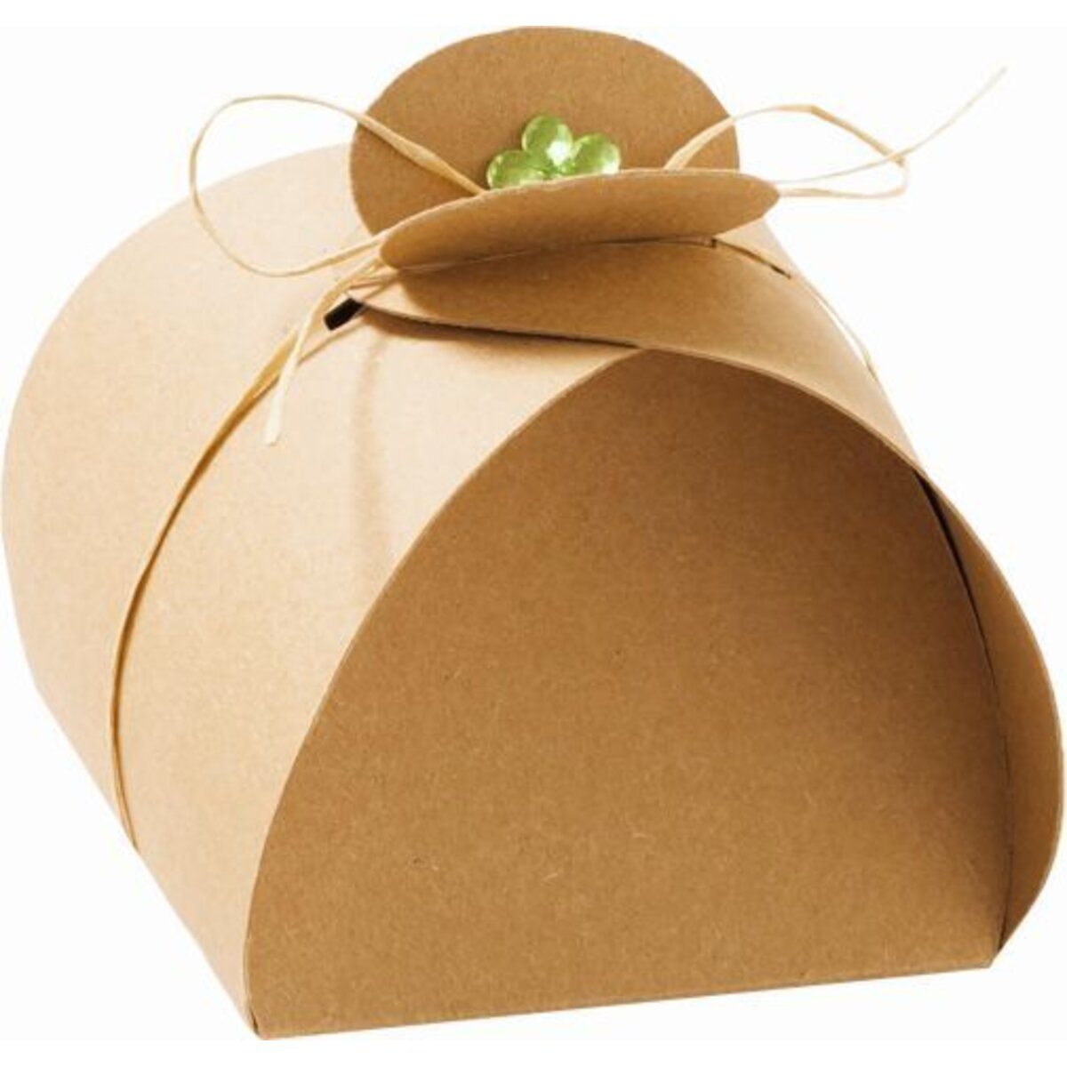 Eine braune Geschenkbox mit einem grünen Kleeblatt-Detail und Bindfaden.