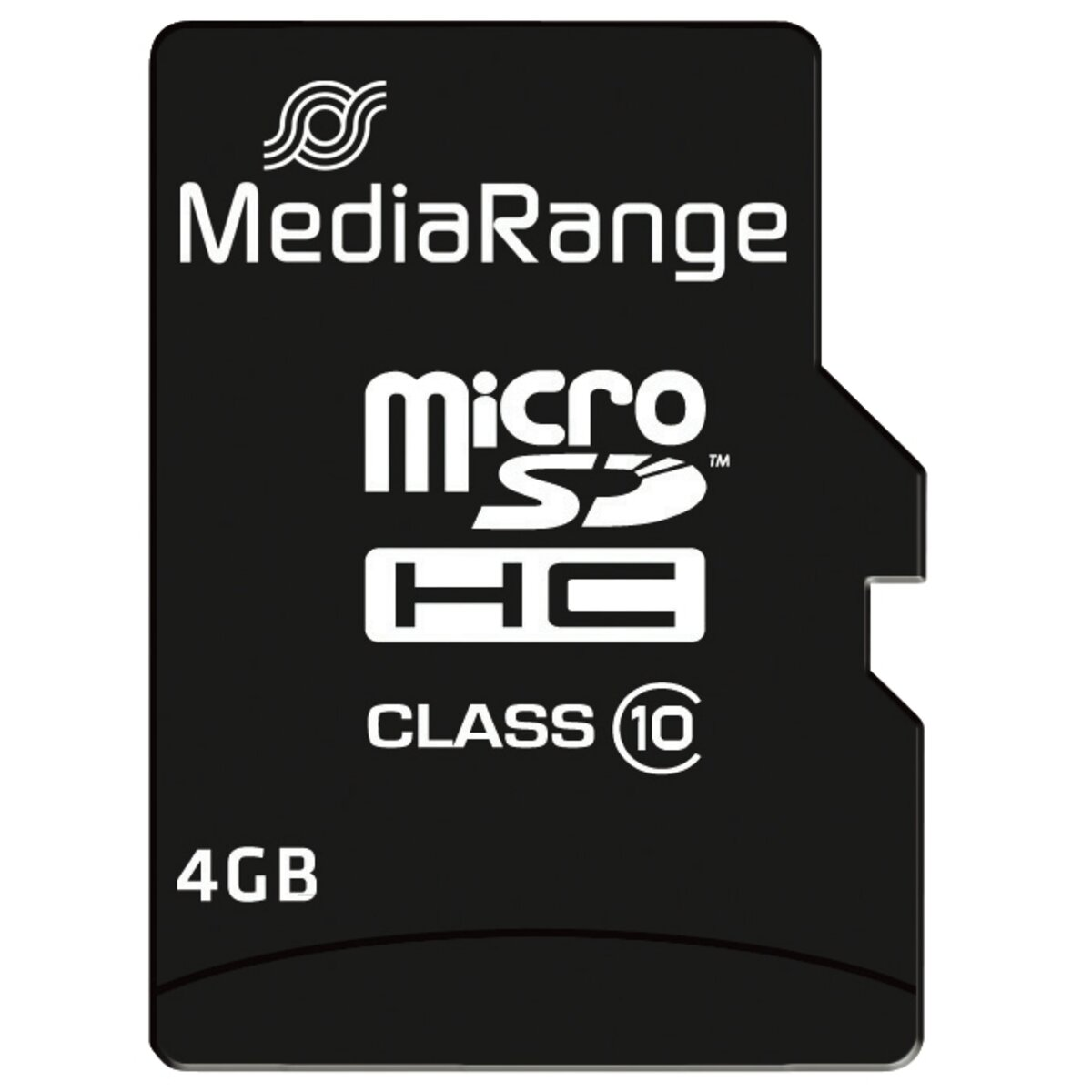 Schwarze MicroSDHC-Karte mit 4GB, Class 10, MediaRange-Logo.