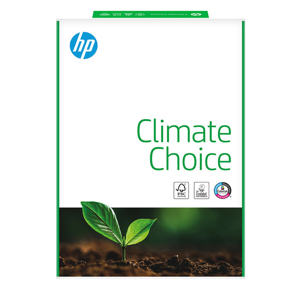 HP Climate Choice Papierpaket mit einem jungen Trieb, der aus Erde wächst.