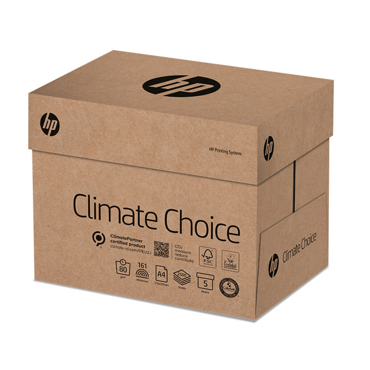 Braune HP "Climate Choice" Papierbox mit Logos und Zertifizierungen.