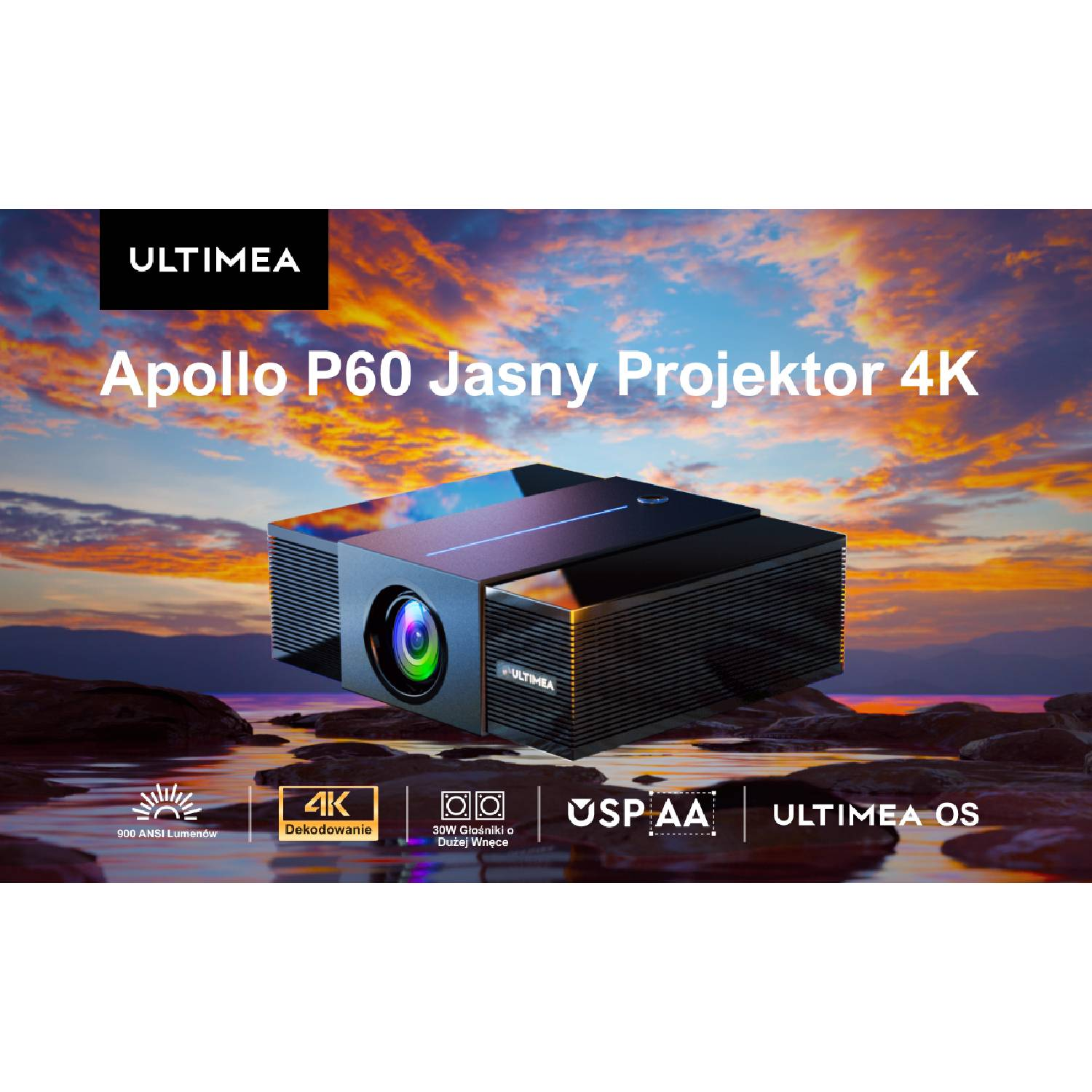 Projektor Ultimea Apollo P60 4K na skałach przy wodzie z dramatycznymi chmurami.