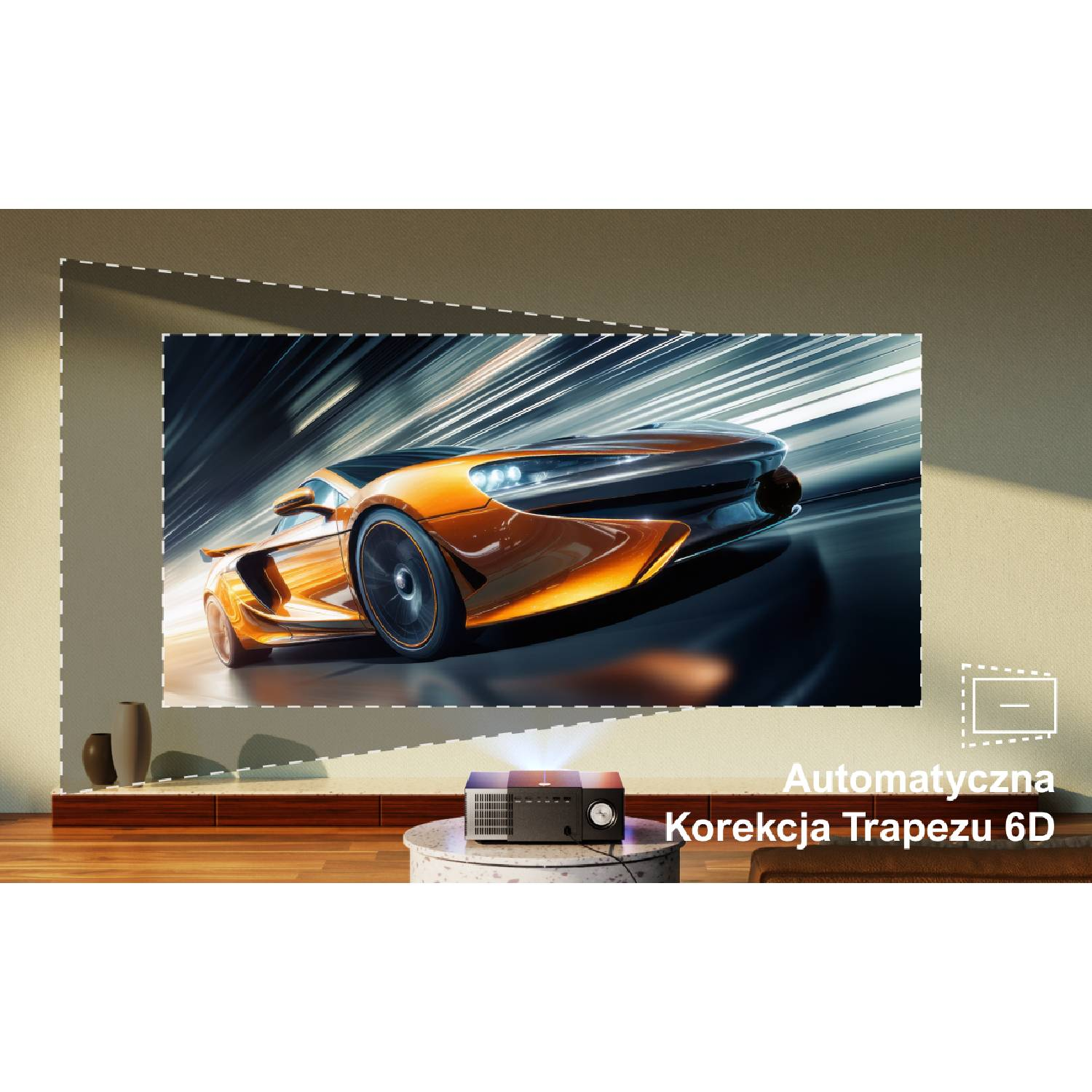 Pomarańczowy samochód sportowy wyświetlany na ekranie, z projektorem z przodu.
