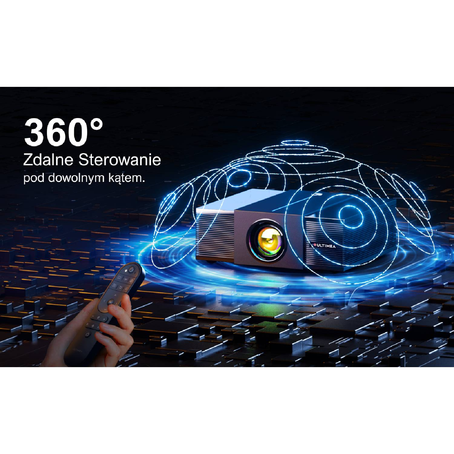 Projektor z pilotem, otoczony niebieskimi falami.