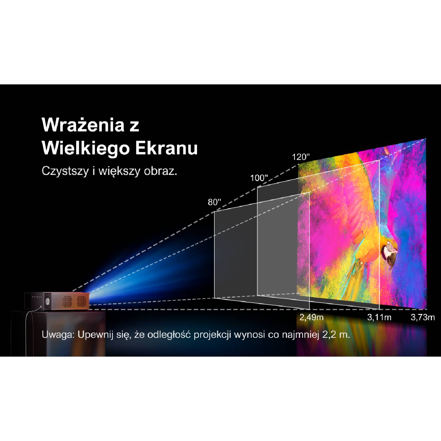 Projektor wyświetla kolorowego papugę na ekranach różnych rozmiarów, pokazując odległości.