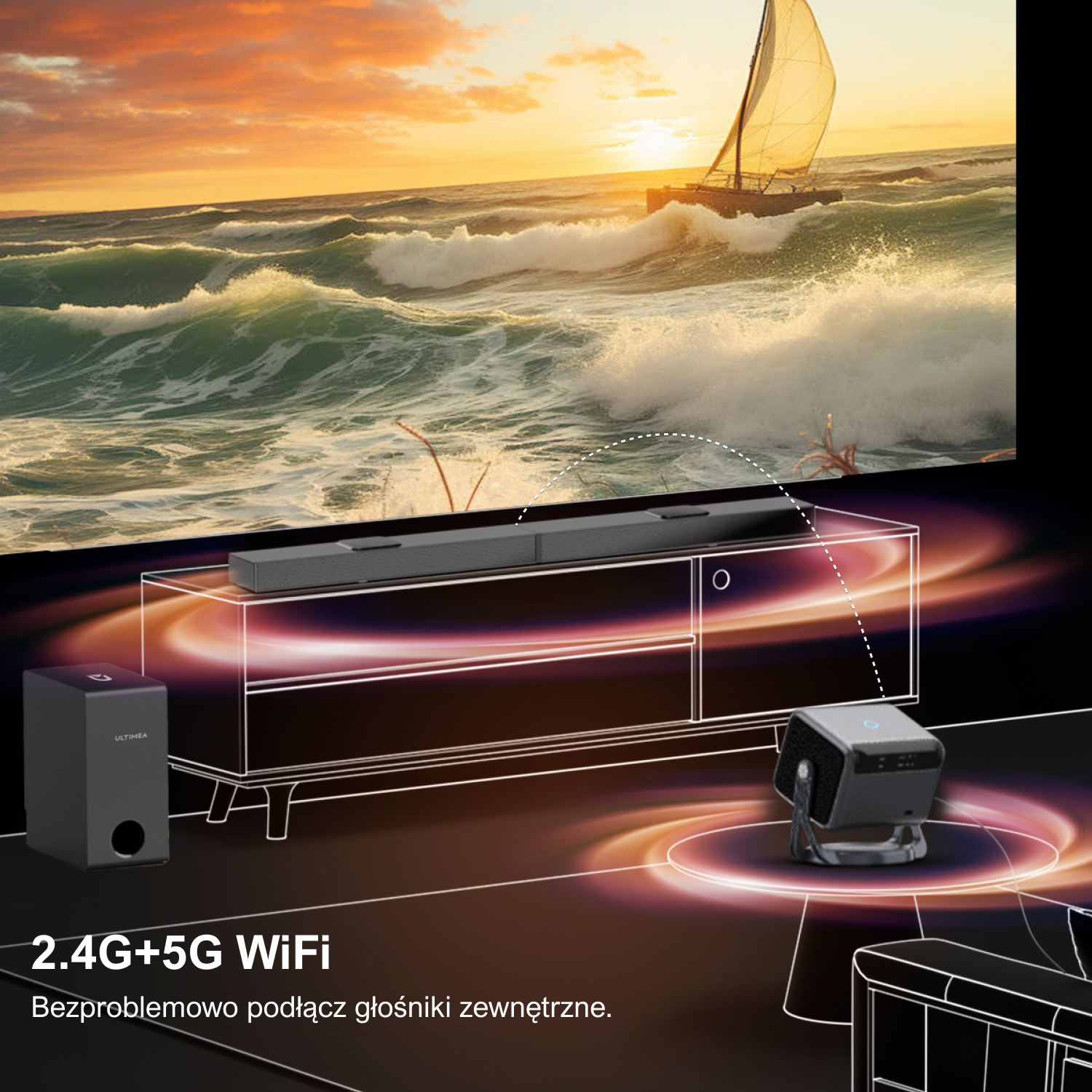 Projektor z soundbarem i subwooferem przed ekranem z żaglówką na morzu.