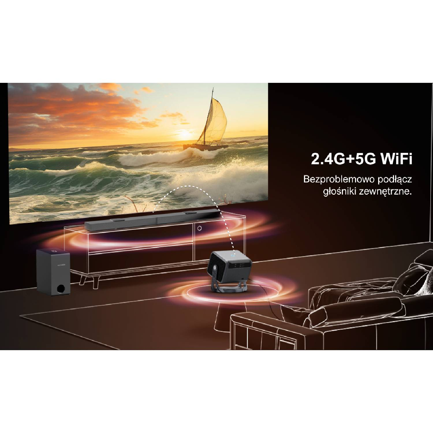 Projektor wyświetla żaglówkę na morzu, obok soundbar, subwoofer i fotel.