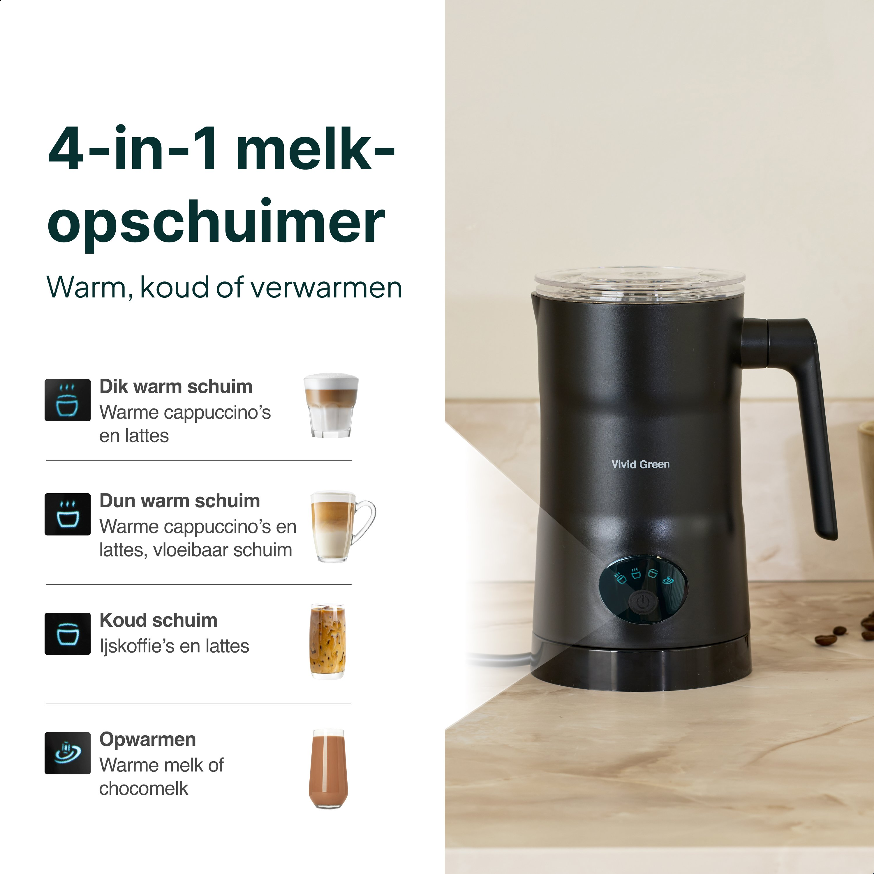 A black milk frother with controls and four example drinks shown.