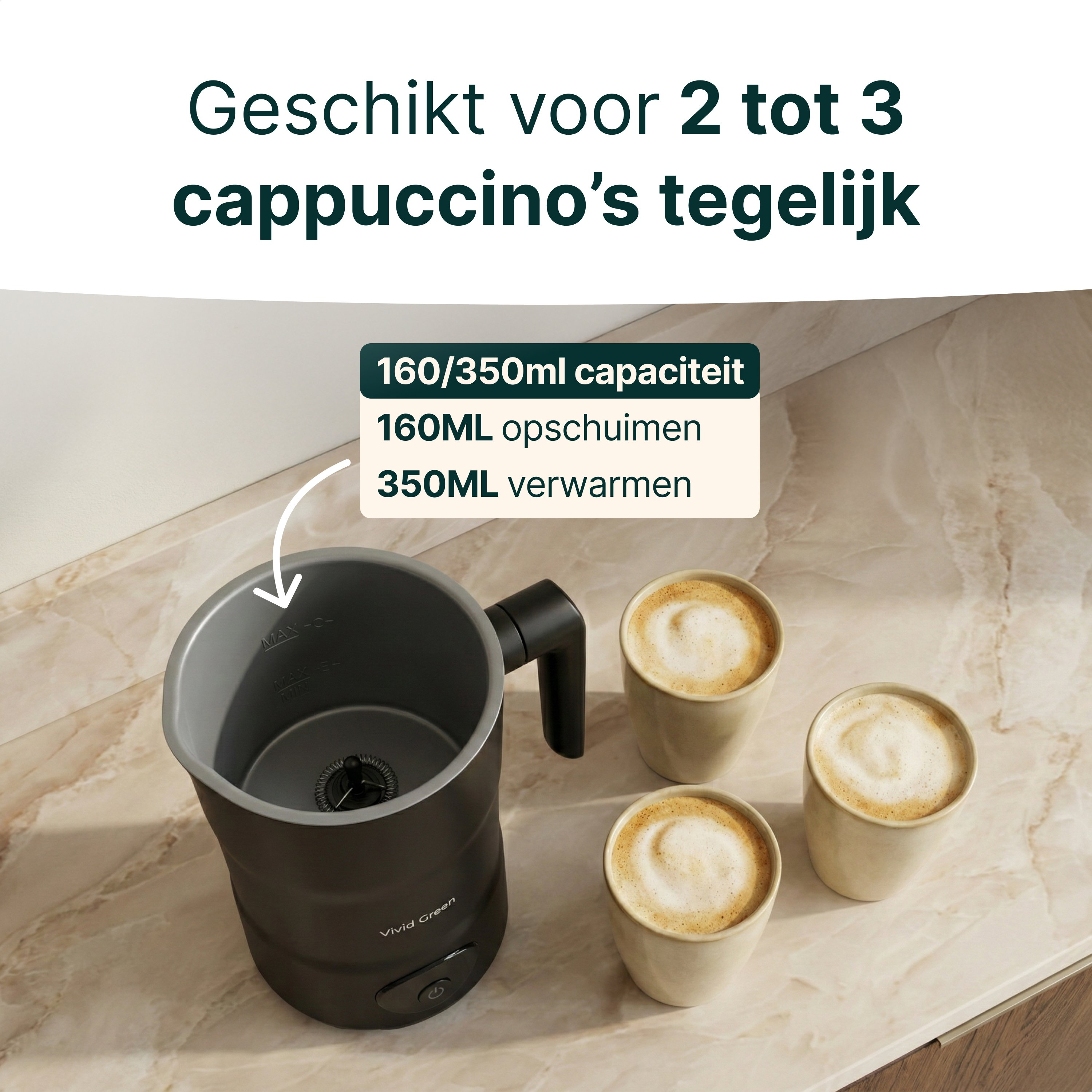 A black milk frother with three cappuccinos on a marble surface.