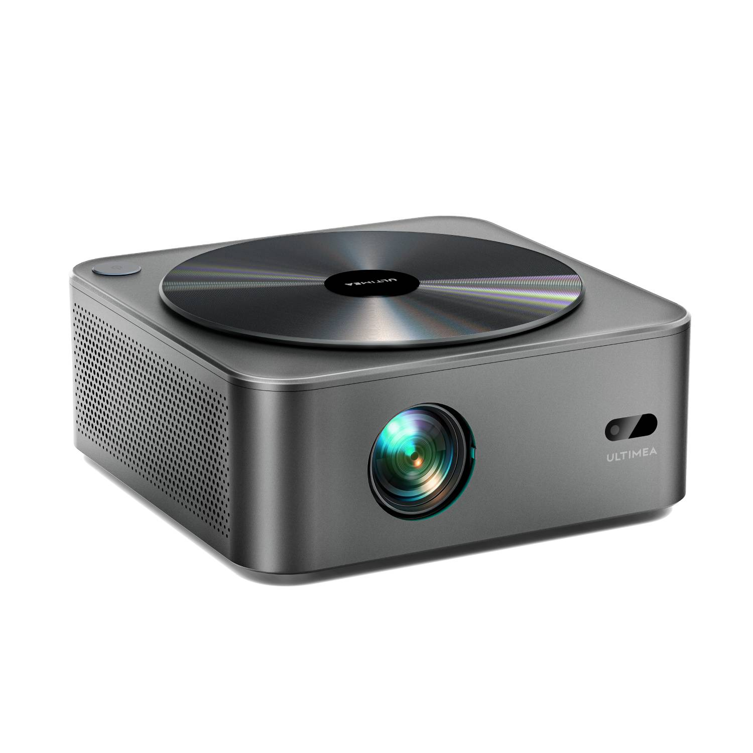 Szary projektor ze srebrnym talerzem i obiektywem.