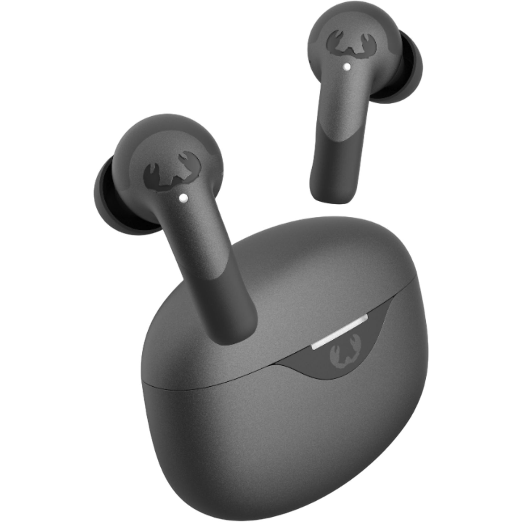 Ciemnoszare słuchawki bezprzewodowe z etui ładującym, logo.