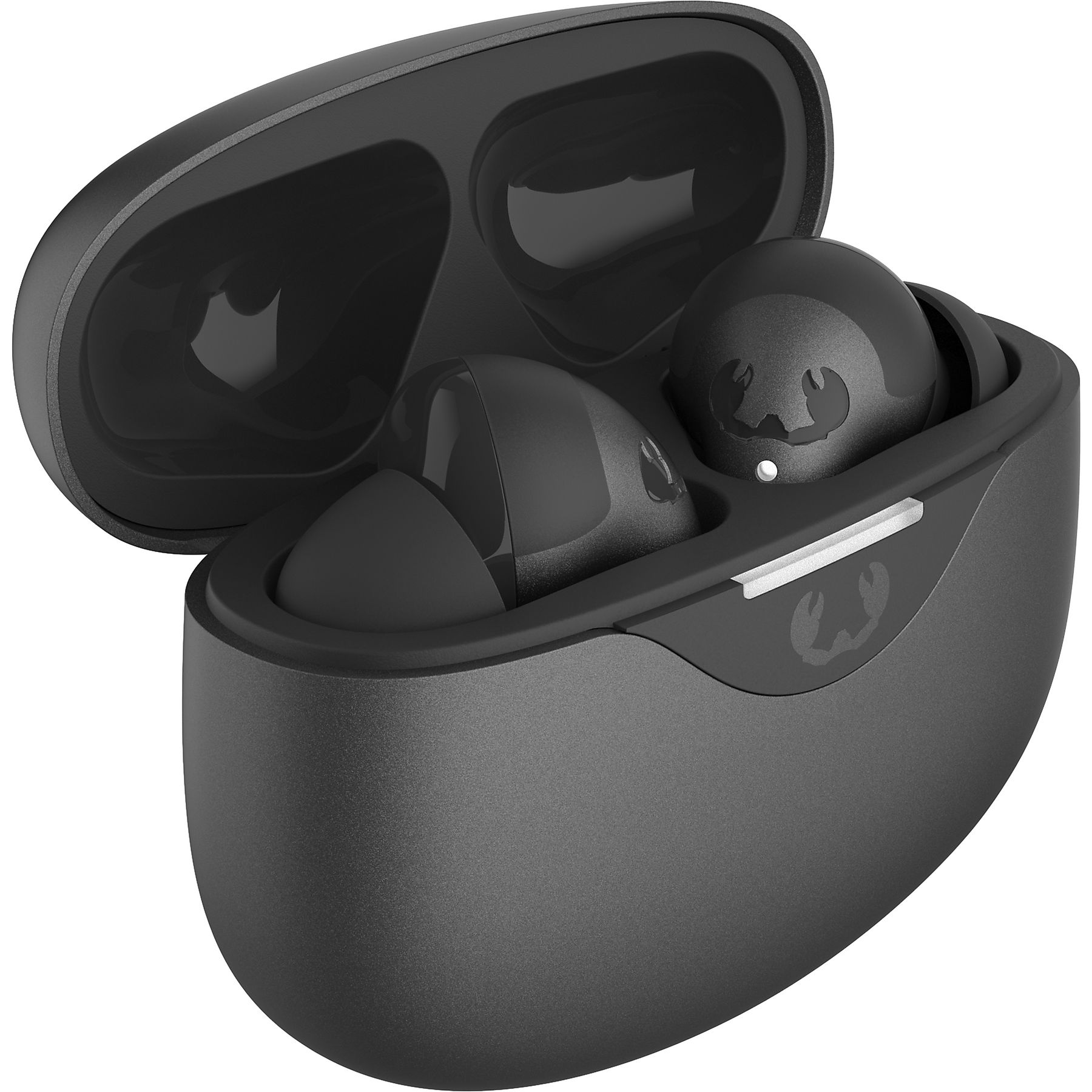 Czarna ładowarka z dwoma bezprzewodowymi słuchawkami w środku.