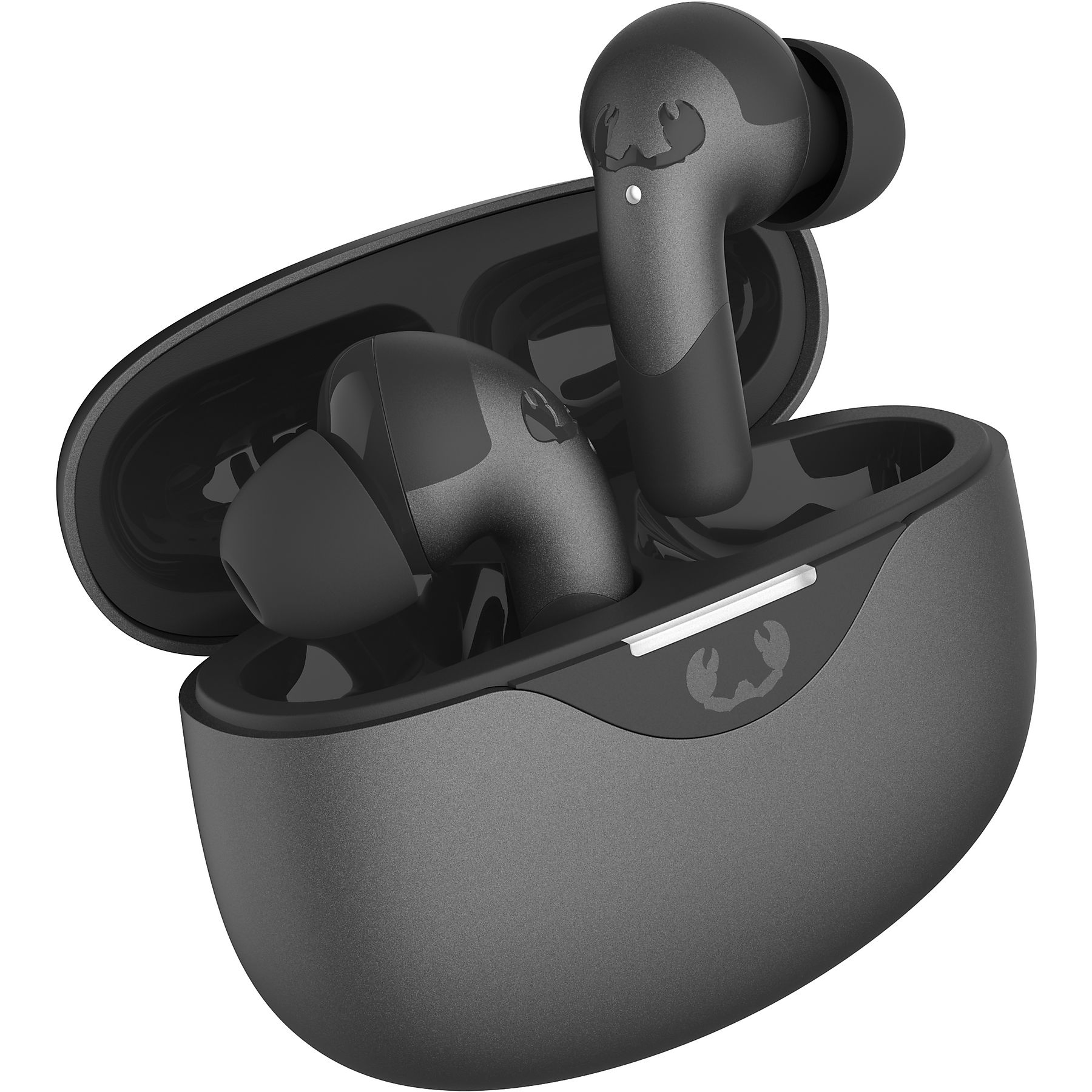 Słuchawki bezprzewodowe w ciemnym etui ładującym z otwartą pokrywą.