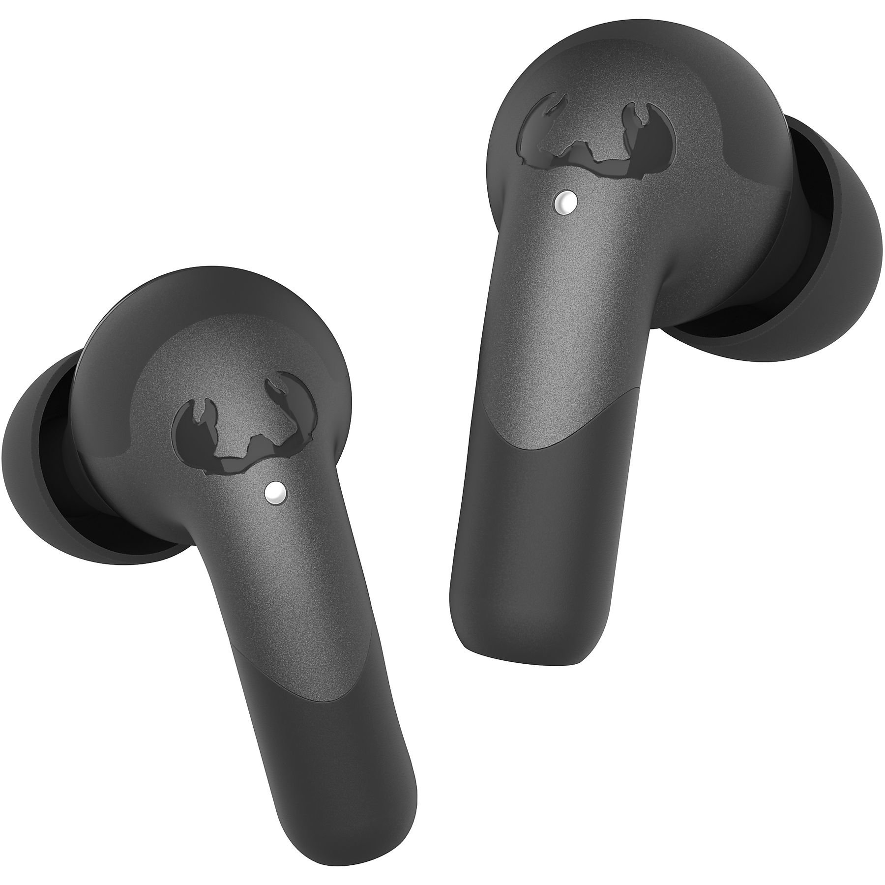 Dwa czarne słuchawki bezprzewodowe z stylizowanym logo, obok siebie na białym tle.