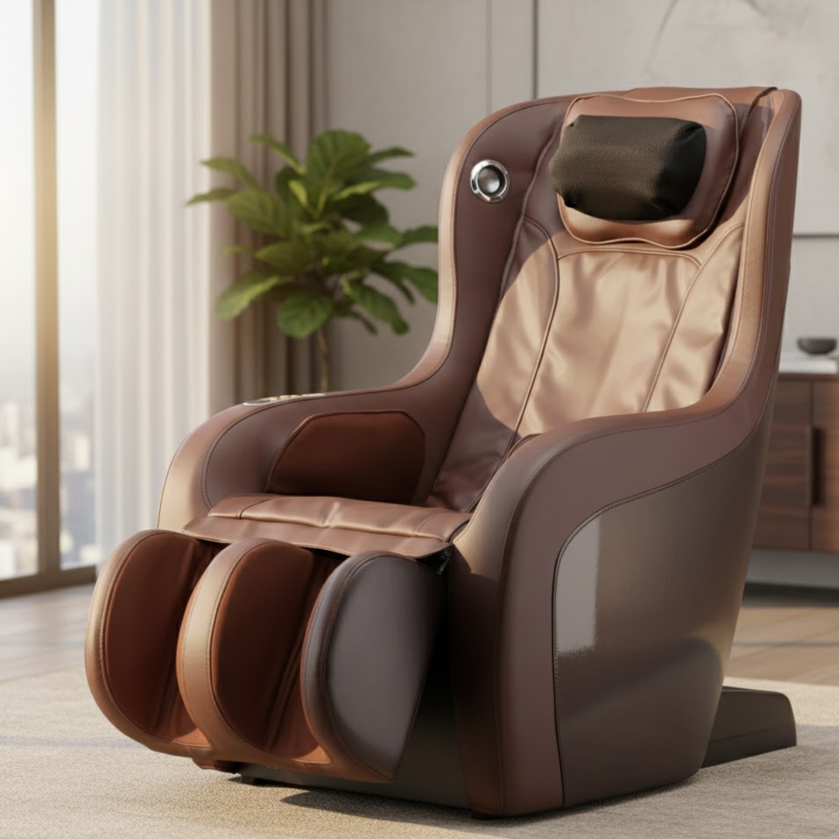A brown massage chair with a footrest sits in a bright room.