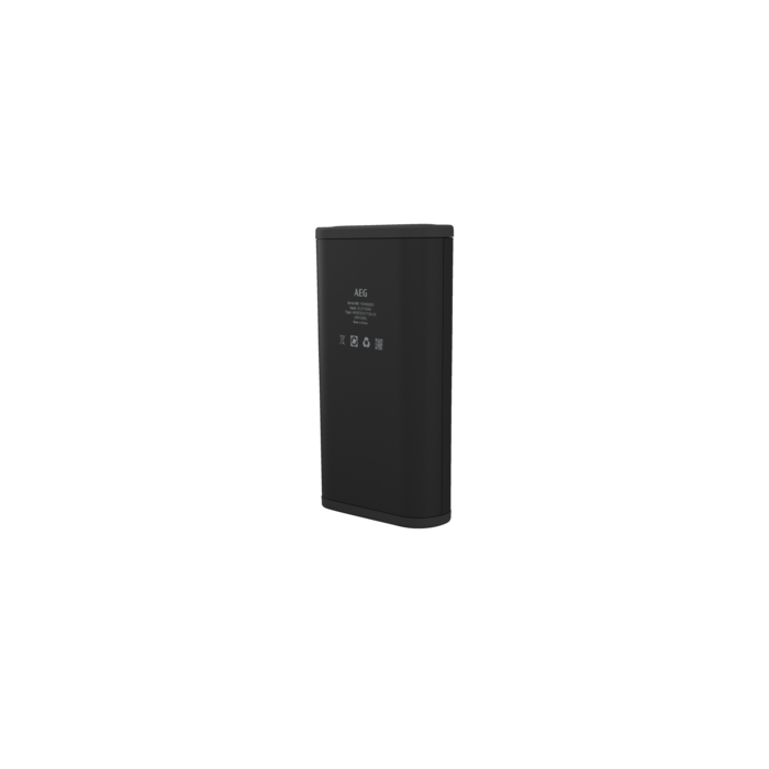 Un dispositivo AEG rectangular negro con información al reverso.