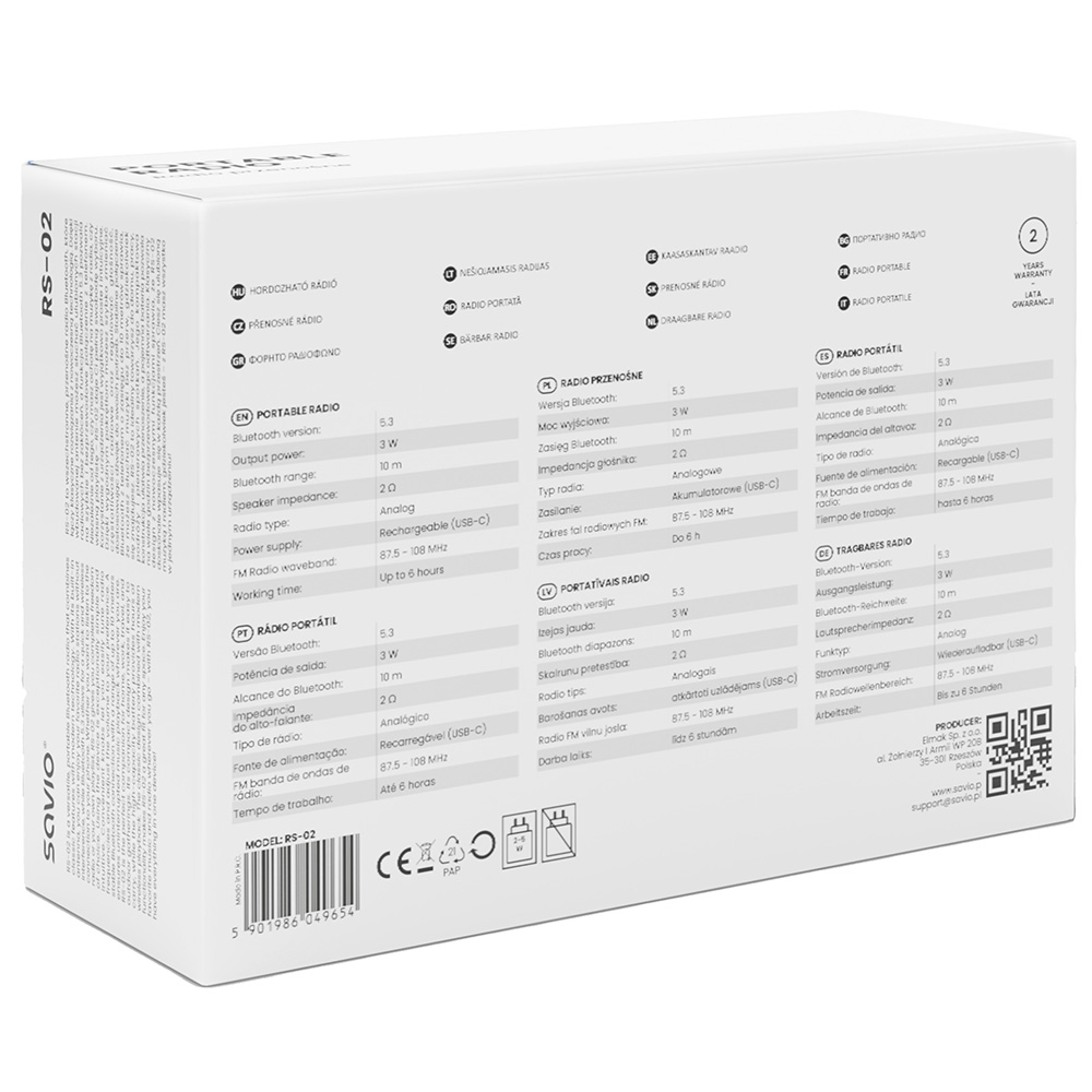 Białe pudełko z czarnym tekstem. Model RS-02, znak CE, ładowanie USB-C.