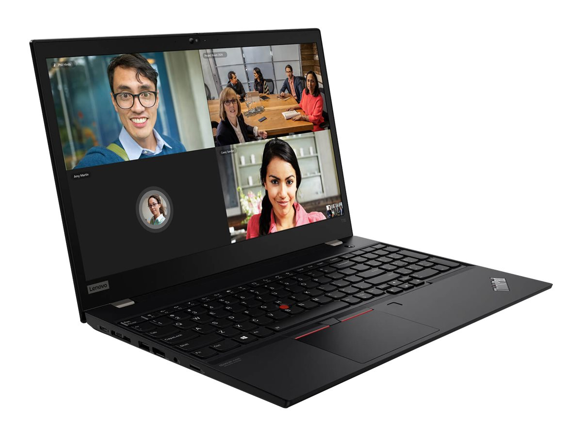 A black Lenovo laptop displaying a video call with four people.