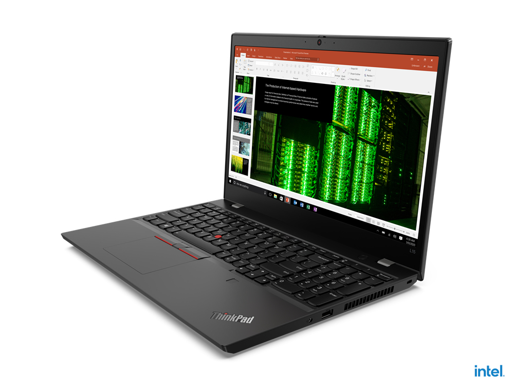 Black Lenovo ThinkPad laptop with keyboard and screen showing server racks.
