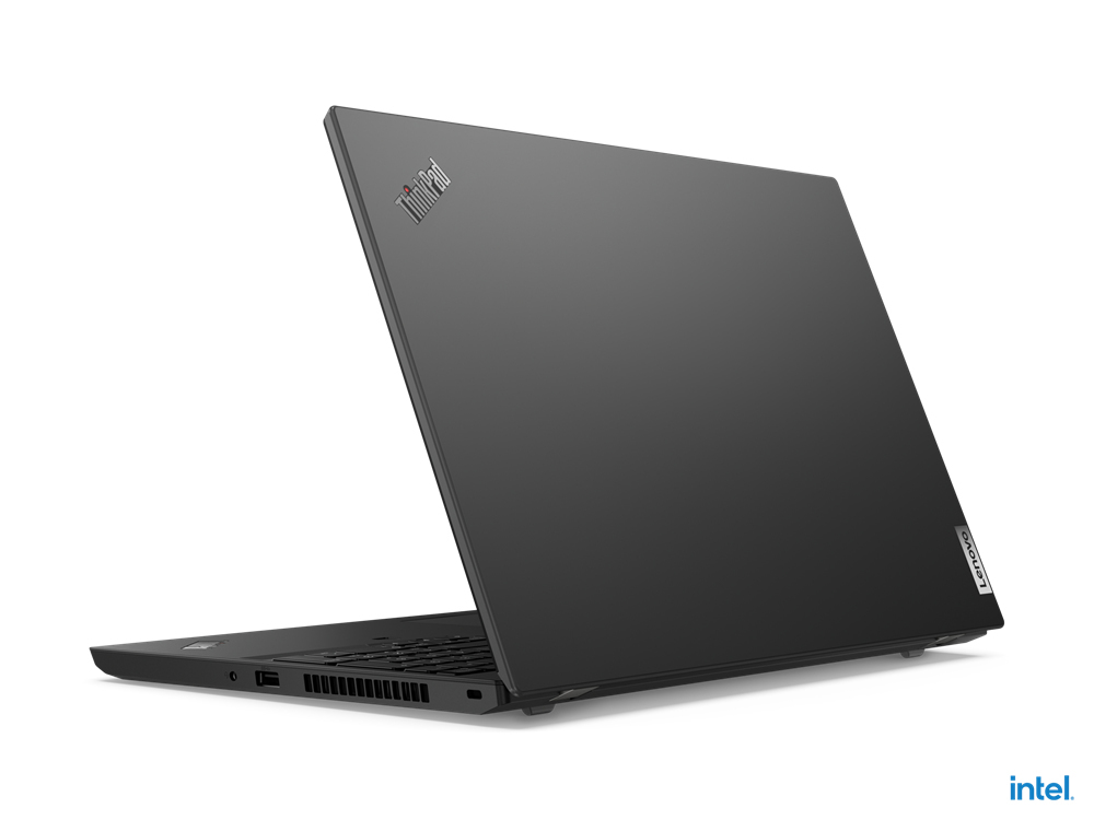 A closed black Lenovo ThinkPad laptop with an Intel logo.