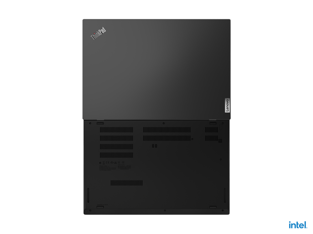 Closed black laptop with ThinkPad logo top left and Lenovo logo on the right.