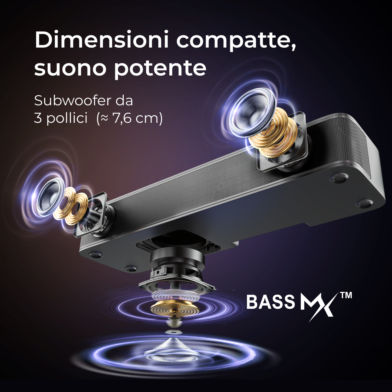 Dimensioni compatte, suono potente. Subwoofer da 3 pollici.